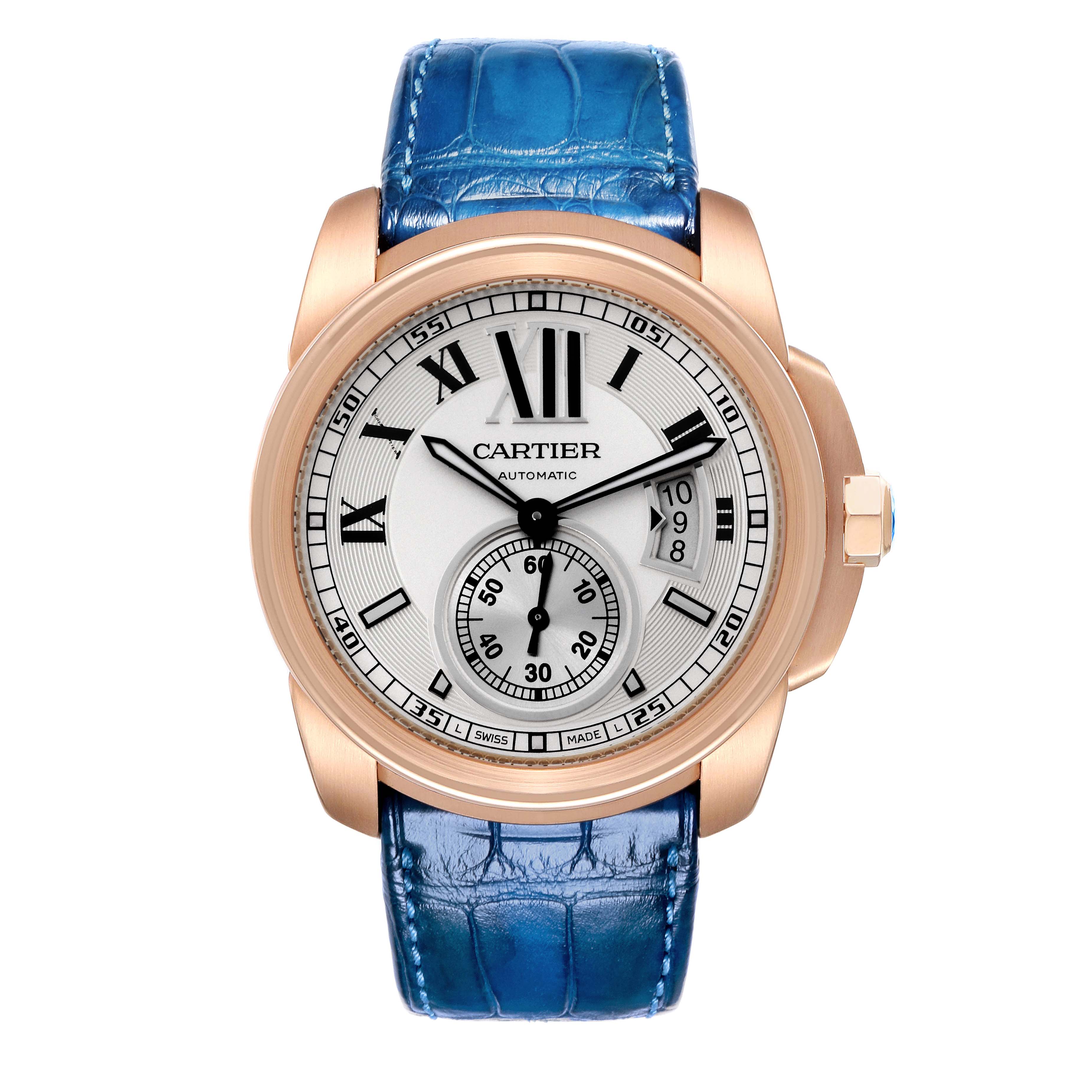 This is a front view of the Calibre de Cartier model by Cartier, showing the dial, hands, and blue leather strap.