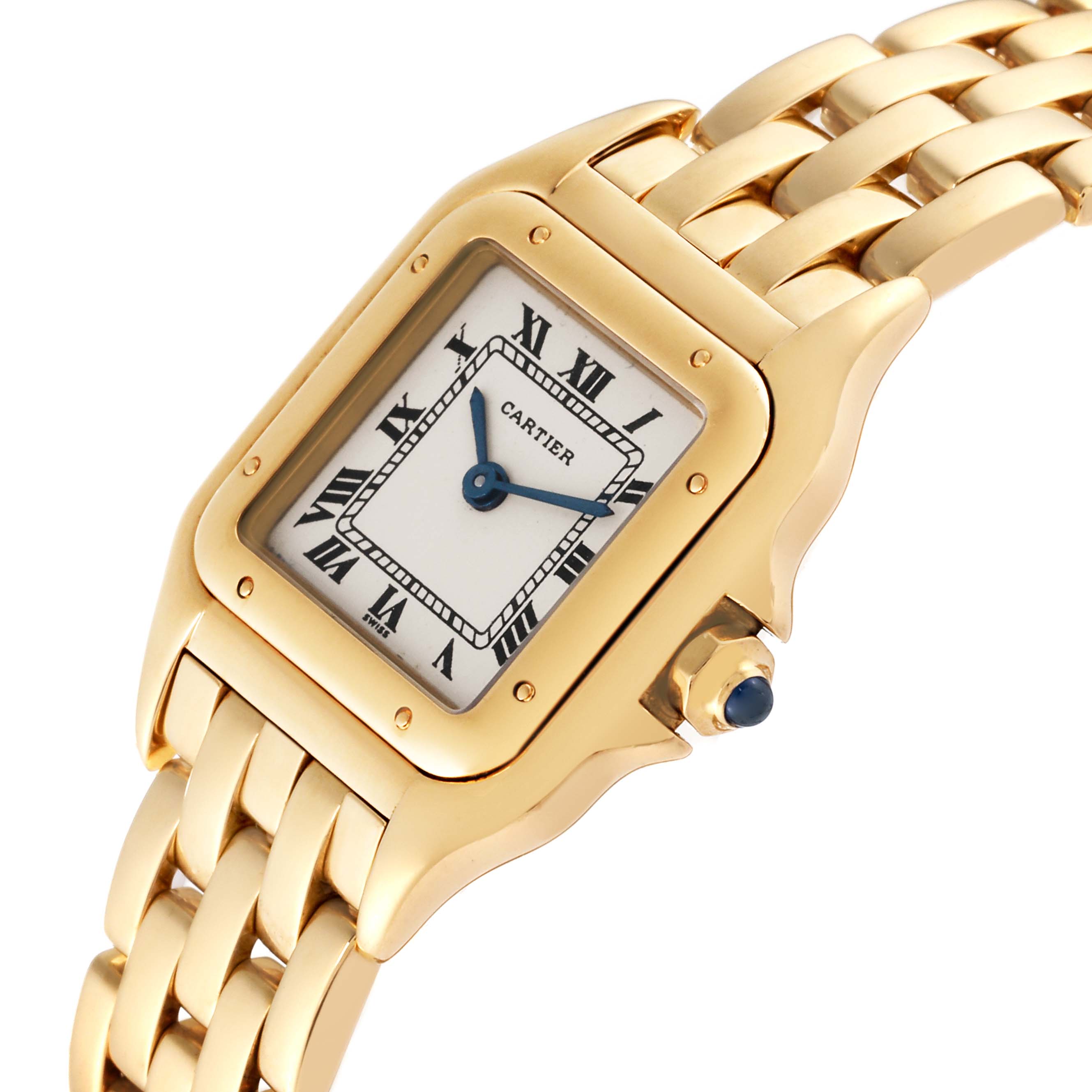 This image shows a close-up view of the gold Cartier Panthere W25022B9 Women's Yellow Gold Silver Dial W25022B9 Women's Yellow Gold Silver Dial watch, focusing on the dial, case, and part of the bracelet.