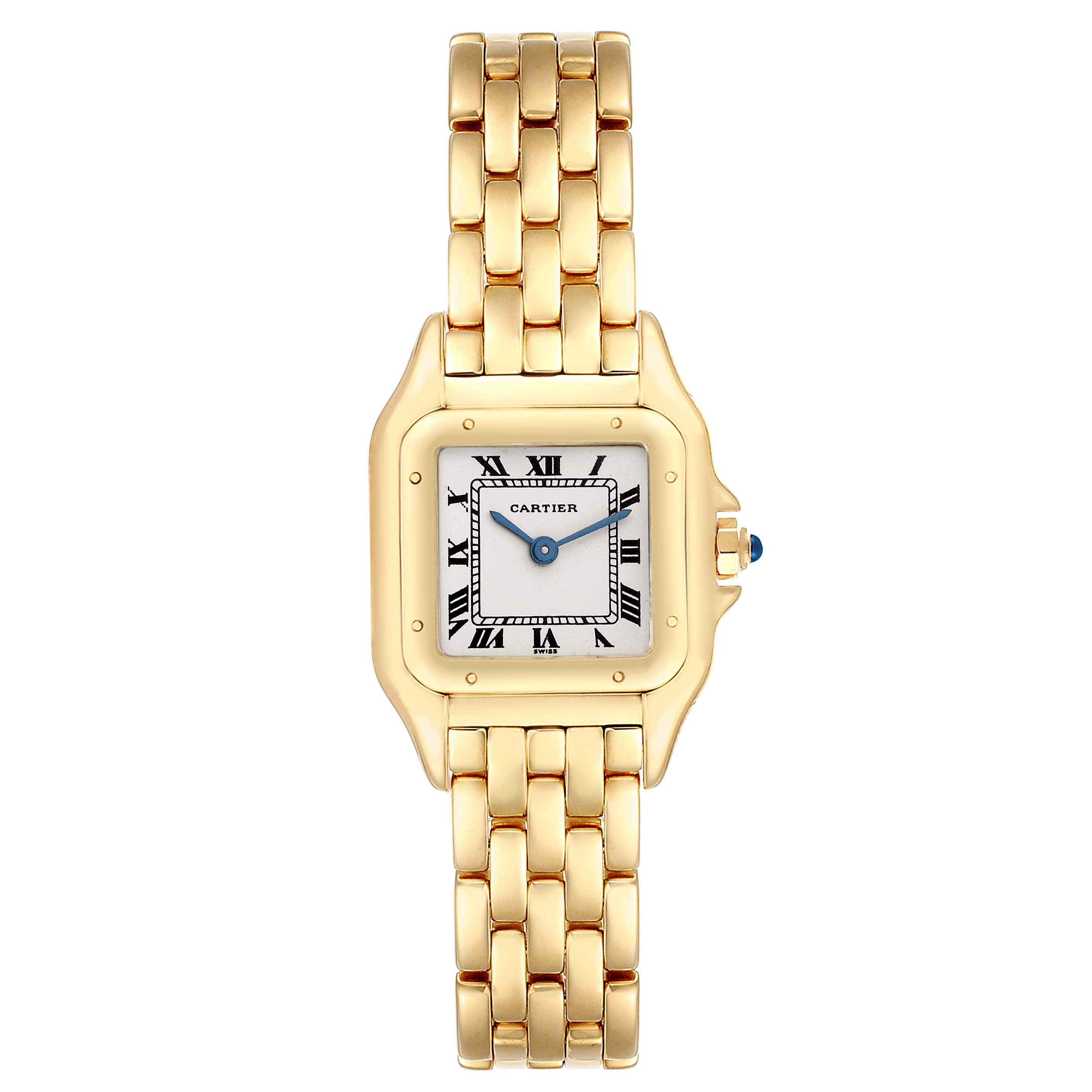 This image shows a front view of the Panthere model by Cartier, highlighting its gold bracelet and square face with Roman numeral hour markers.