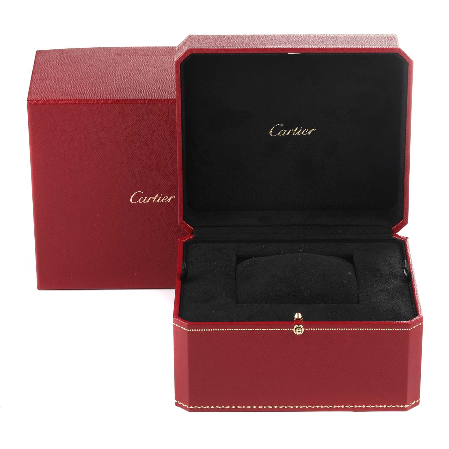 This image shows an open Cartier Panthere W25022B9 Women's Yellow Gold Silver Dial W25022B9 Women's Yellow Gold Silver Dial watch box and its closed outer box.