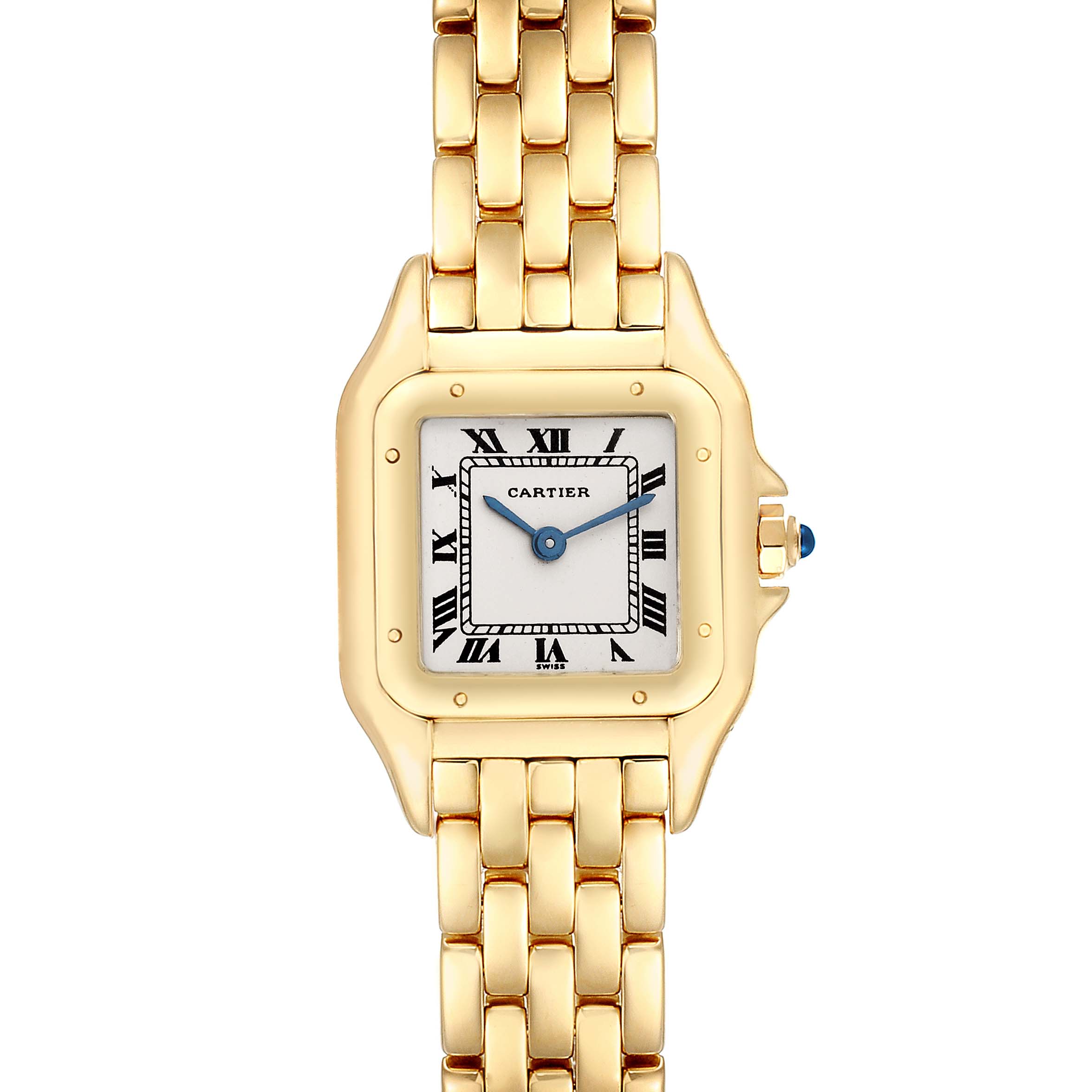 This image shows a front view of the Panthère de Cartier watch, featuring the dial, crown, and gold bracelet.