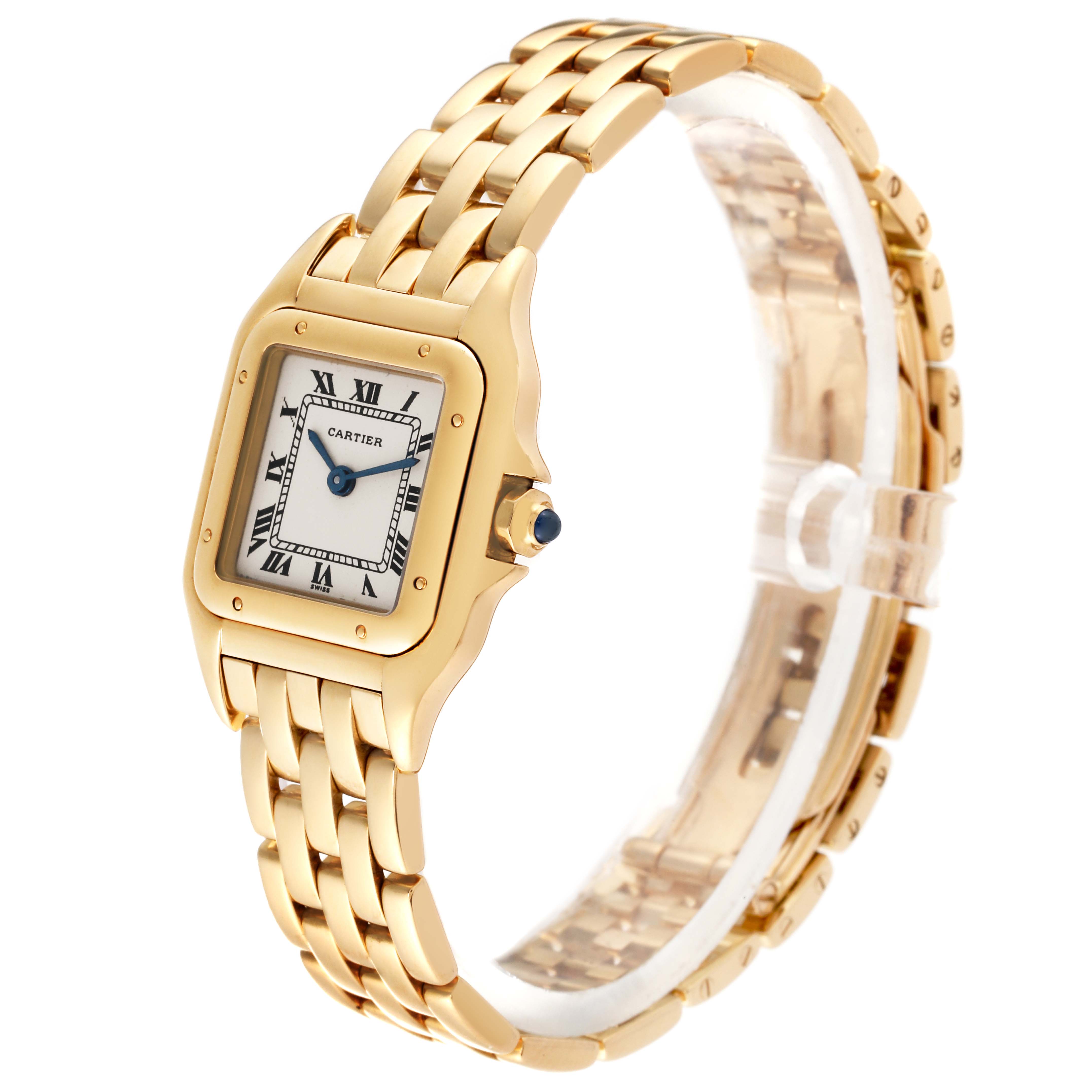 The image shows a Cartier Panthere W25022B9 Women's Yellow Gold Silver Dial W25022B9 Women's Yellow Gold Silver Dial model watch at an angled view, highlighting its gold bracelet and square dial.