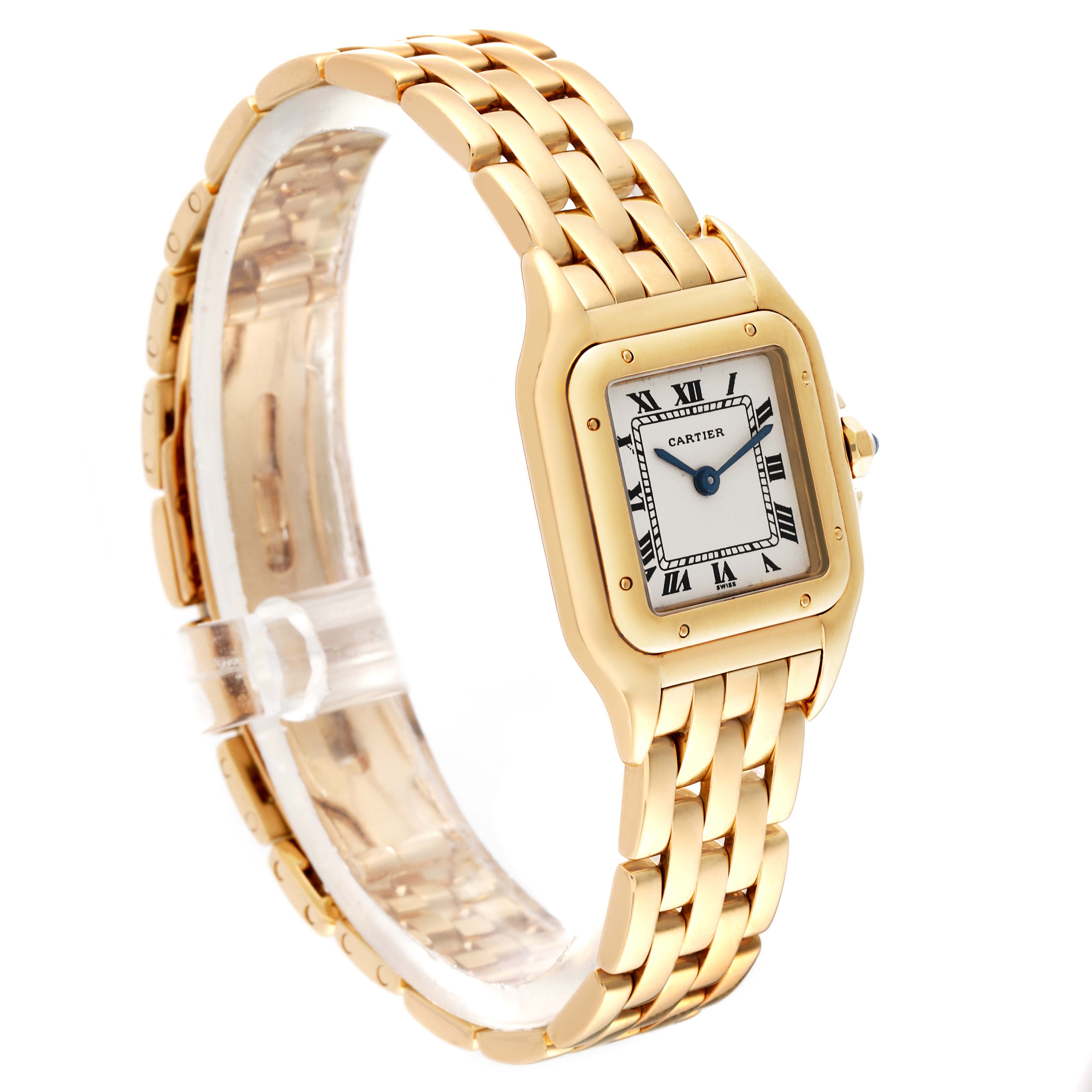 The image shows the Panthere de Cartier watch at a three-quarter angle, highlighting its gold bracelet and square face.
