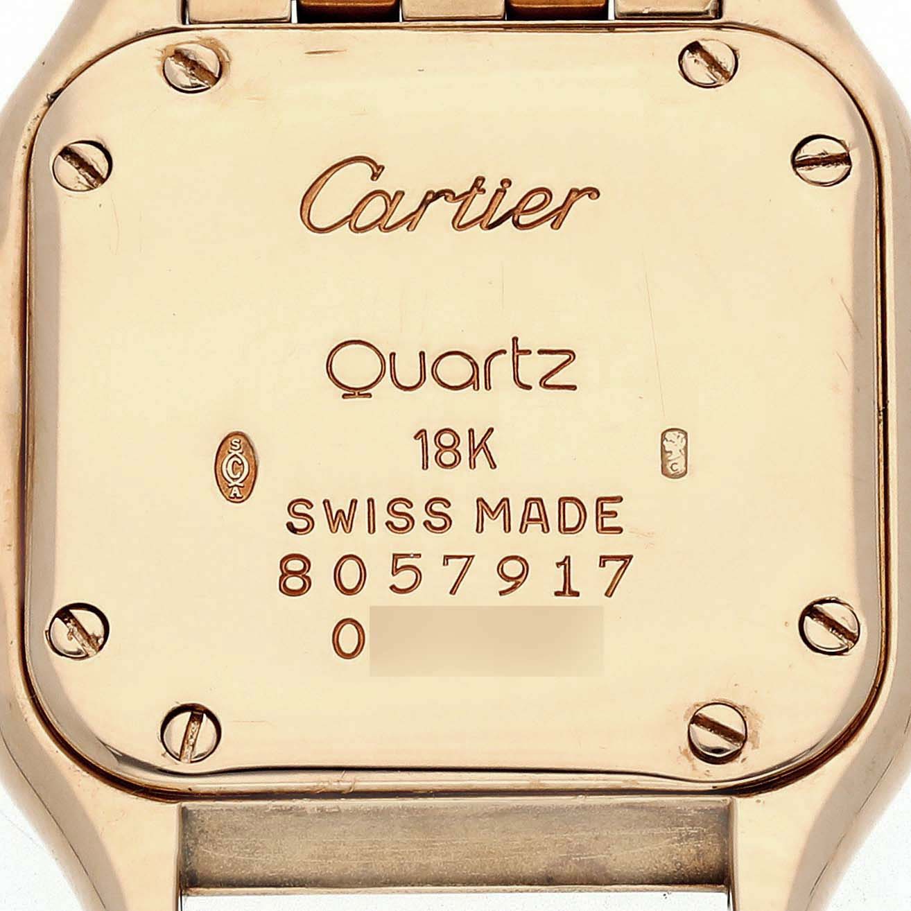 This image shows the back of a Panthere model by Cartier, highlighting details like "Cartier" engraving, "Quartz," "18K," and "Swiss Made."