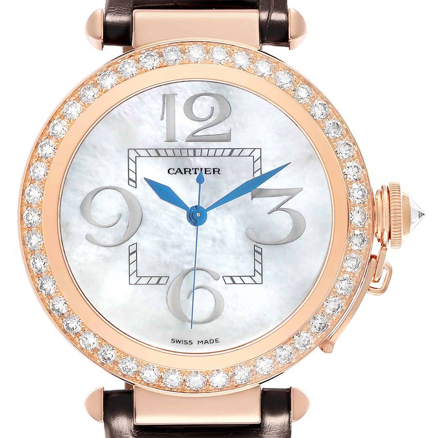 The Cartier Pasha WJ124005 Women's Rose Gold Mother of Pearl Dial watch is shown from the front, highlighting its diamond bezel, silver dial, and blue hands.