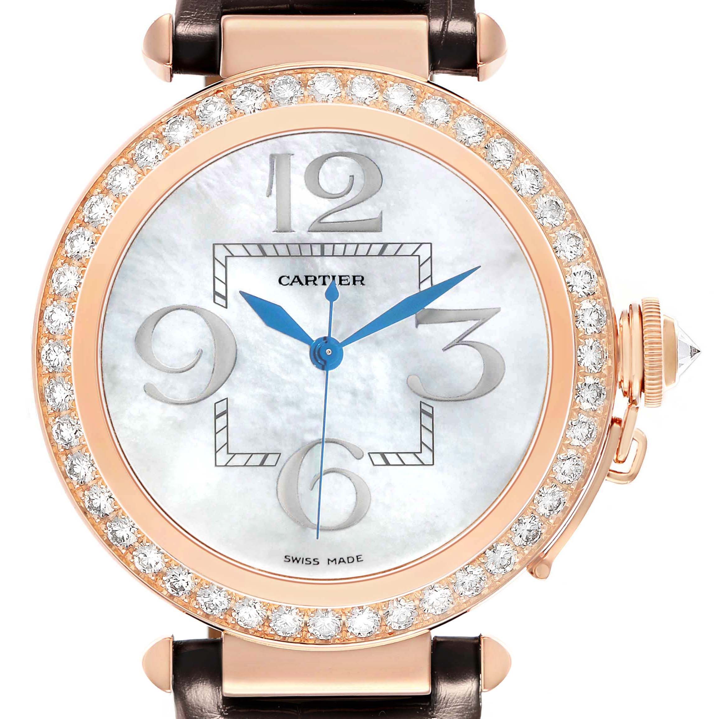 The Cartier Pasha WJ124005 Women
s Rose Gold Mother of Pearl Dial watch is shown from the front, highlighting the dial, diamond-set bezel, and crown.