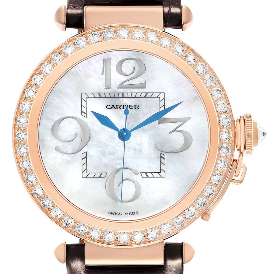 The Cartier Pasha WJ124005 Women
s Rose Gold Mother of Pearl Dial watch is shown from the front, highlighting the dial, diamond-set bezel, and crown.