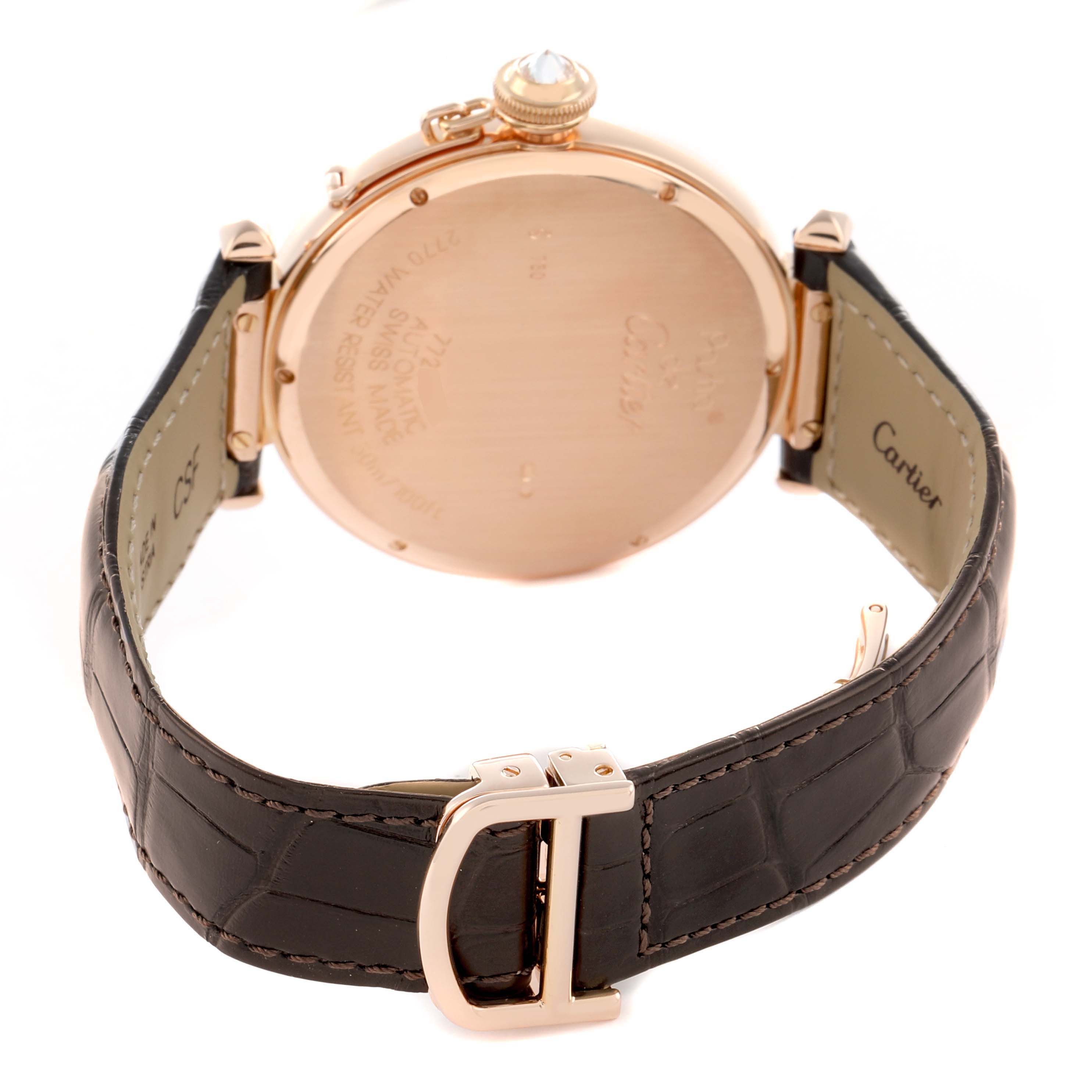 The image shows the back view of a Cartier Pasha WJ124005 Women
s Rose Gold Mother of Pearl Dial watch, highlighting the case back, crown, and part of the leather strap with a clasp.