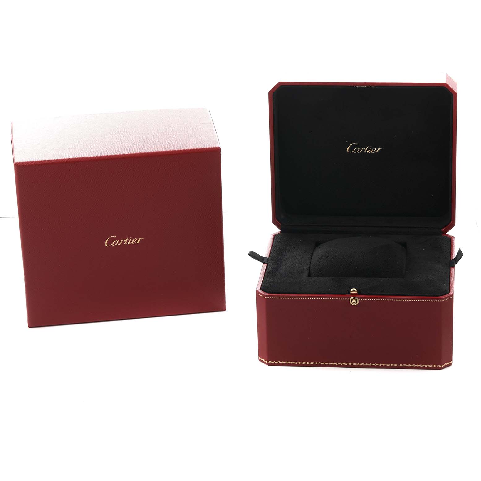 The image shows a Cartier Pasha WJ124005 Women
s Rose Gold Mother of Pearl Dial watch box set, including a closed outer box and an open, padded inner box.