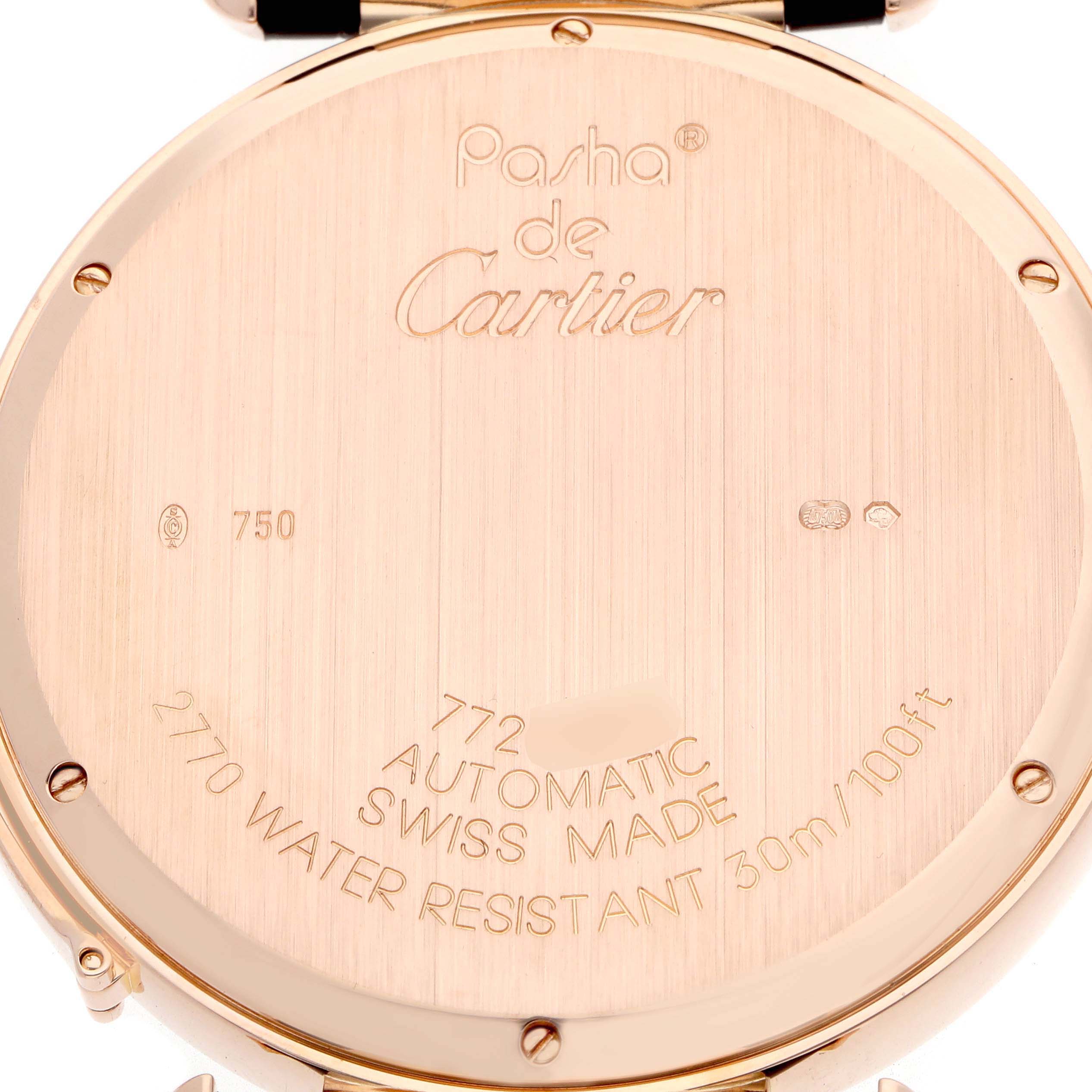 The image shows the back case of a Cartier Pasha WJ124005 Women
s Rose Gold Mother of Pearl Dial watch, displaying engravings and specifications.