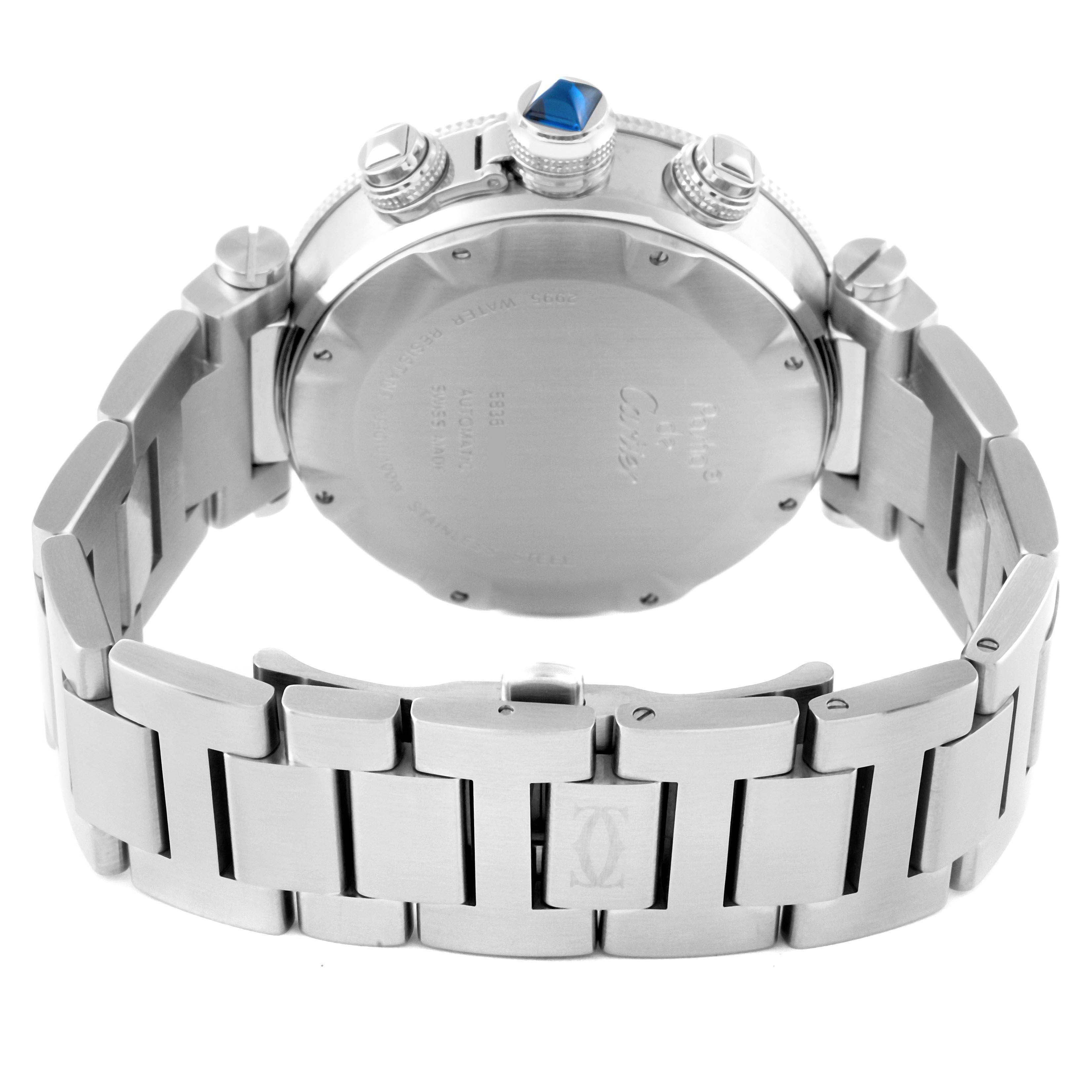 The image shows the back view of a Cartier Pasha W31089M7 Men's Stainless Steel Silver Dial W31089M7 Men's Stainless Steel Silver Dial watch, highlighting its case back, crown, and stainless steel bracelet.