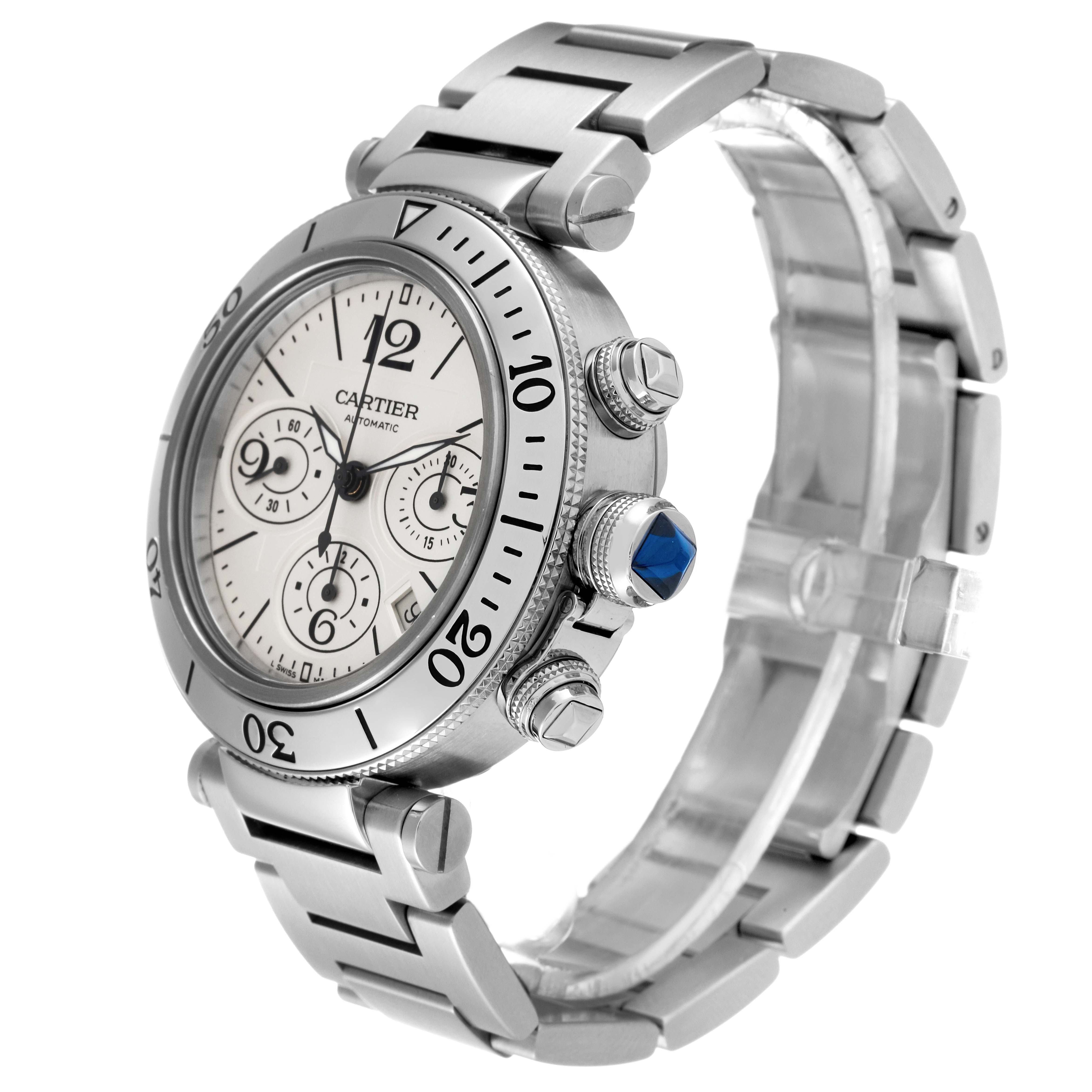 This Cartier Pasha W31089M7 Men's Stainless Steel Silver Dial W31089M7 Men's Stainless Steel Silver Dial watch is shown from an angle highlighting the face, bezel, crown, and metal bracelet.