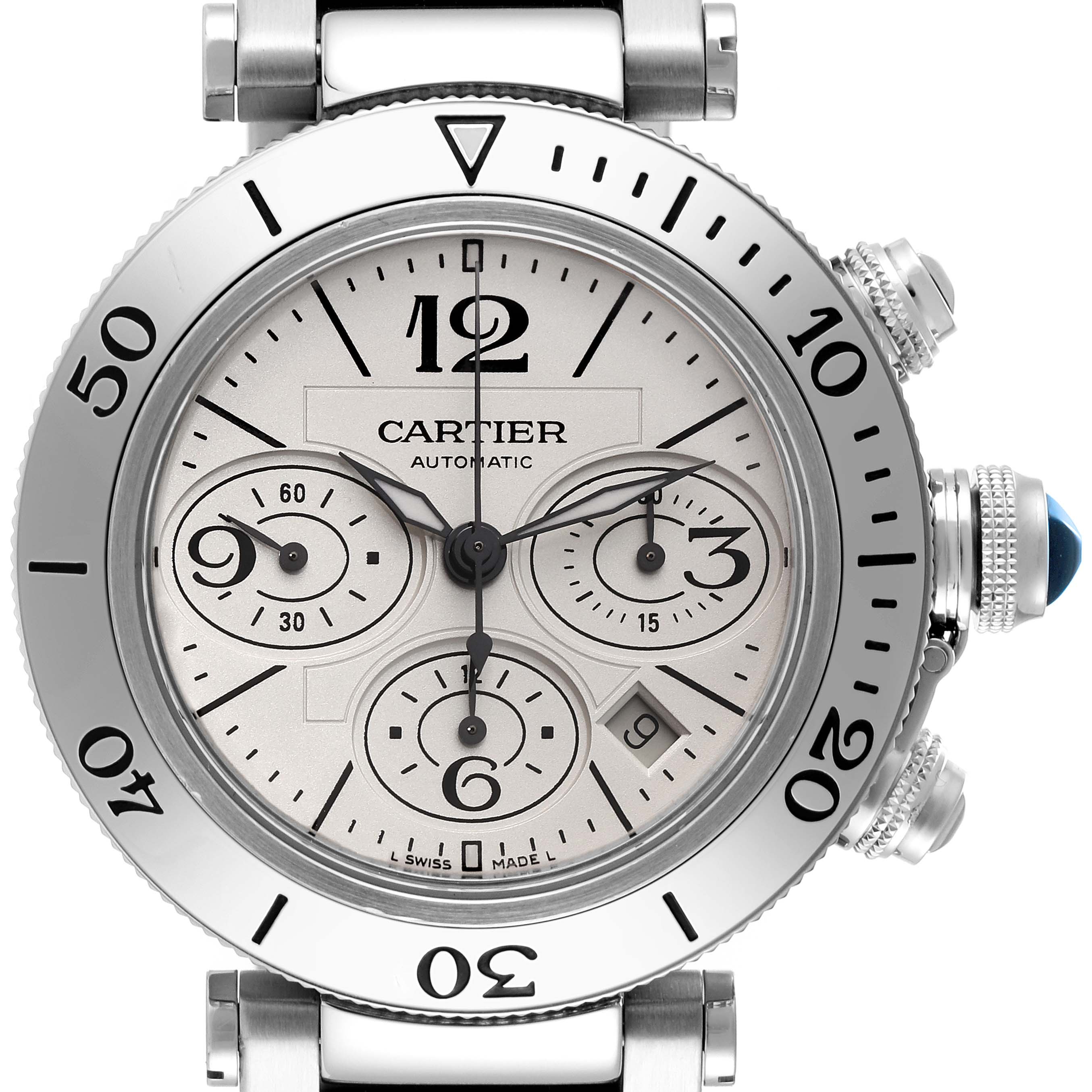 The Cartier Pasha W31089M7 Men's Stainless Steel Silver Dial W31089M7 Men's Stainless Steel Silver Dial model watch is shown from a front angle, displaying the dial, bezel, and crown.