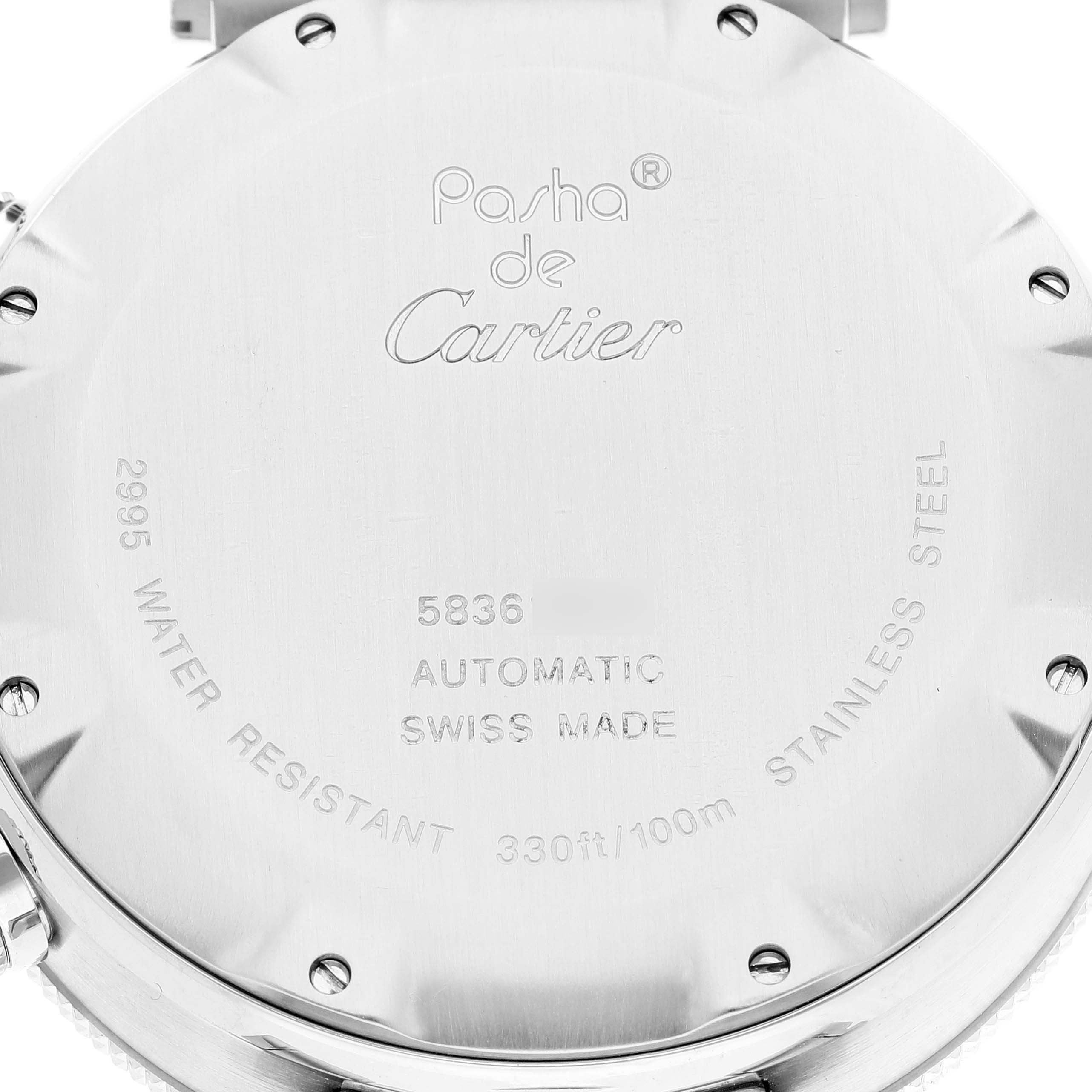 This image shows the back case of a Pasha de Cartier watch, detailing its model, water resistance, and material.