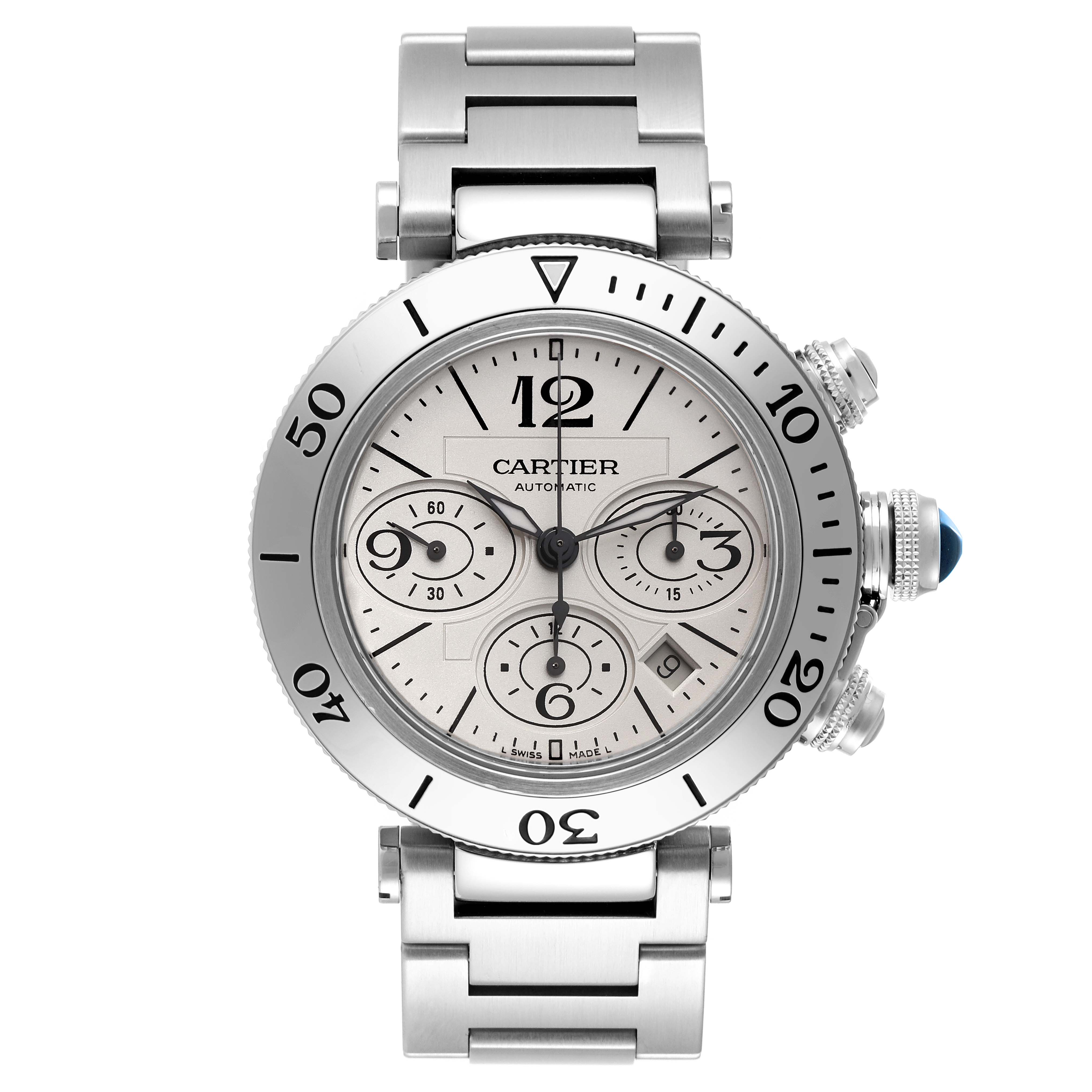 This image shows a front view of the Cartier Pasha W31089M7 Men's Stainless Steel Silver Dial W31089M7 Men's Stainless Steel Silver Dial watch, highlighting its face and metal bracelet.