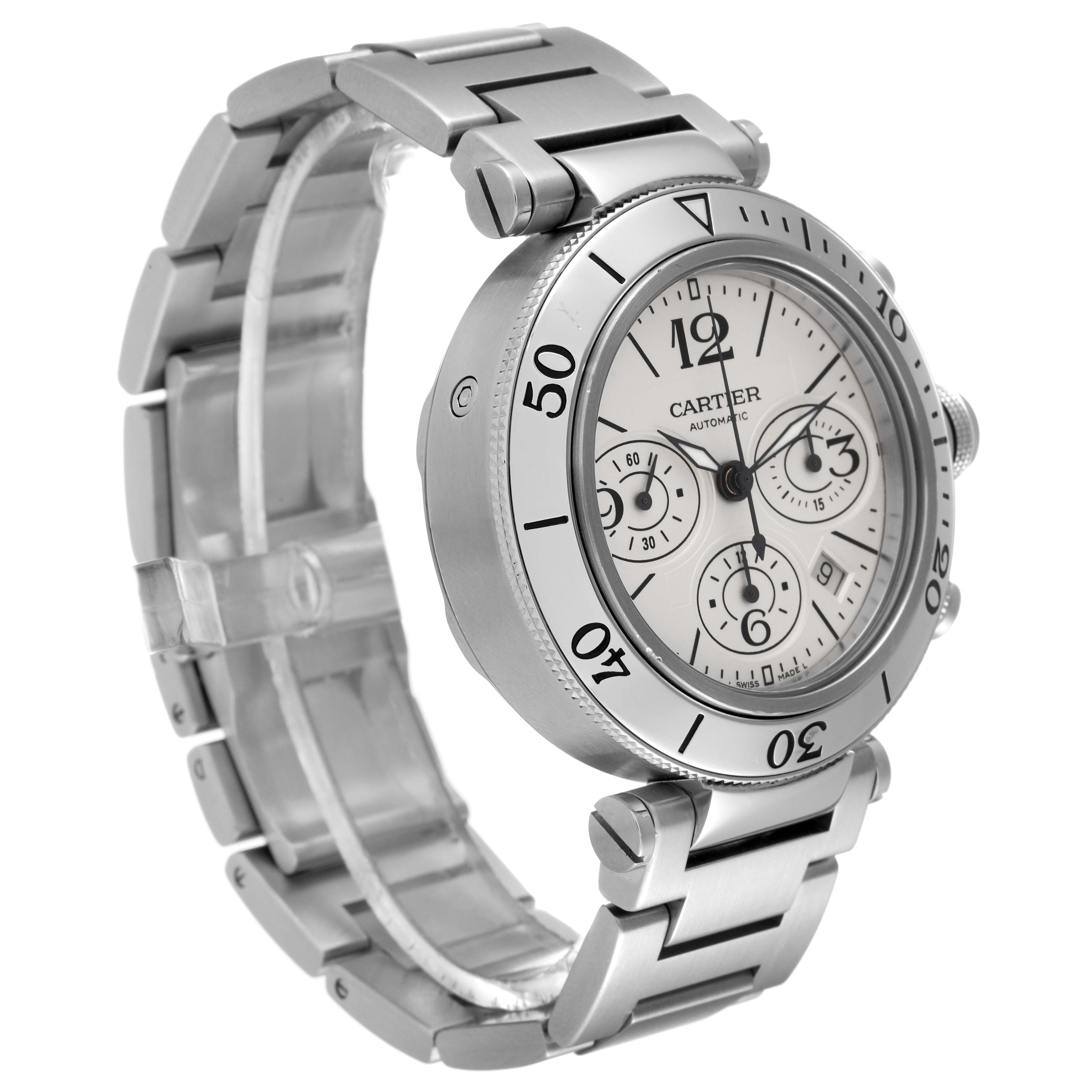 The image shows a Cartier Pasha W31089M7 Men's Stainless Steel Silver Dial W31089M7 Men's Stainless Steel Silver Dial watch at an angle highlighting the face, bezel, and metal bracelet.