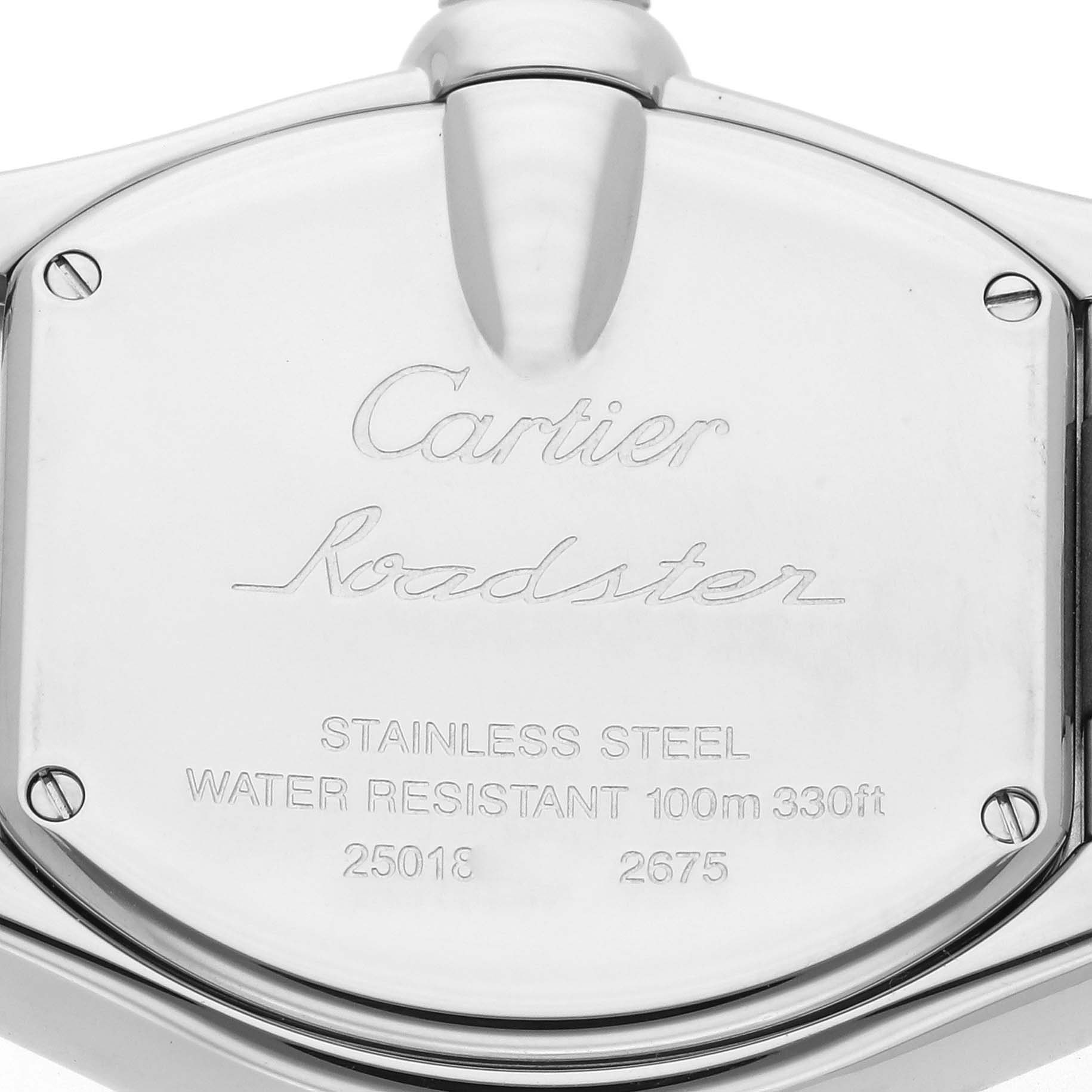 The image shows the back case of a Cartier Roadster W62017V3 Women's Stainless Steel Pink Dial W62017V3 Women's Stainless Steel Pink Dial watch, highlighting its stainless steel construction and engraved details.