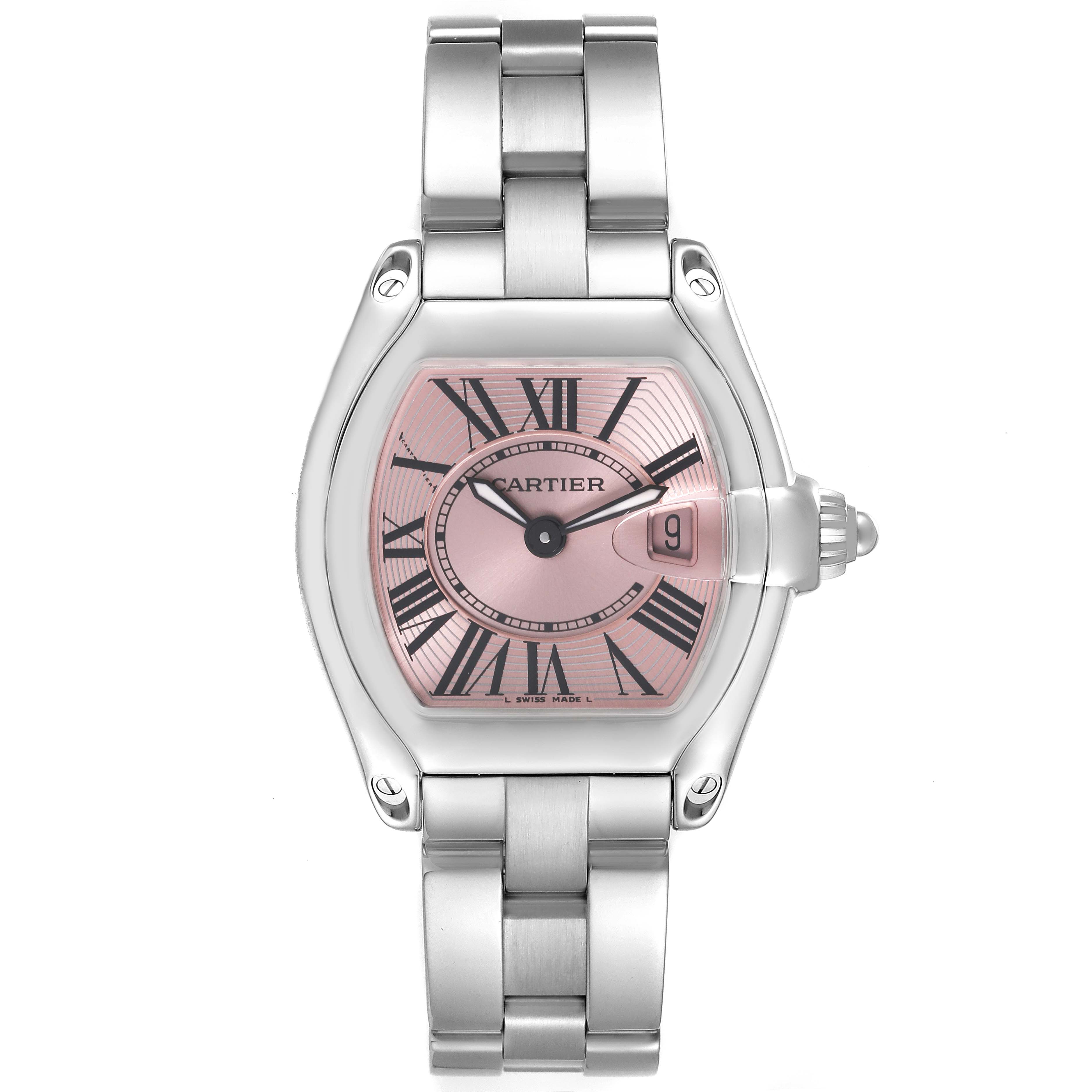 This Cartier Roadster W62017V3 Women's Stainless Steel Pink Dial W62017V3 Women's Stainless Steel Pink Dial watch is shown from a front angle, displaying its dial, bracelet, and crown.