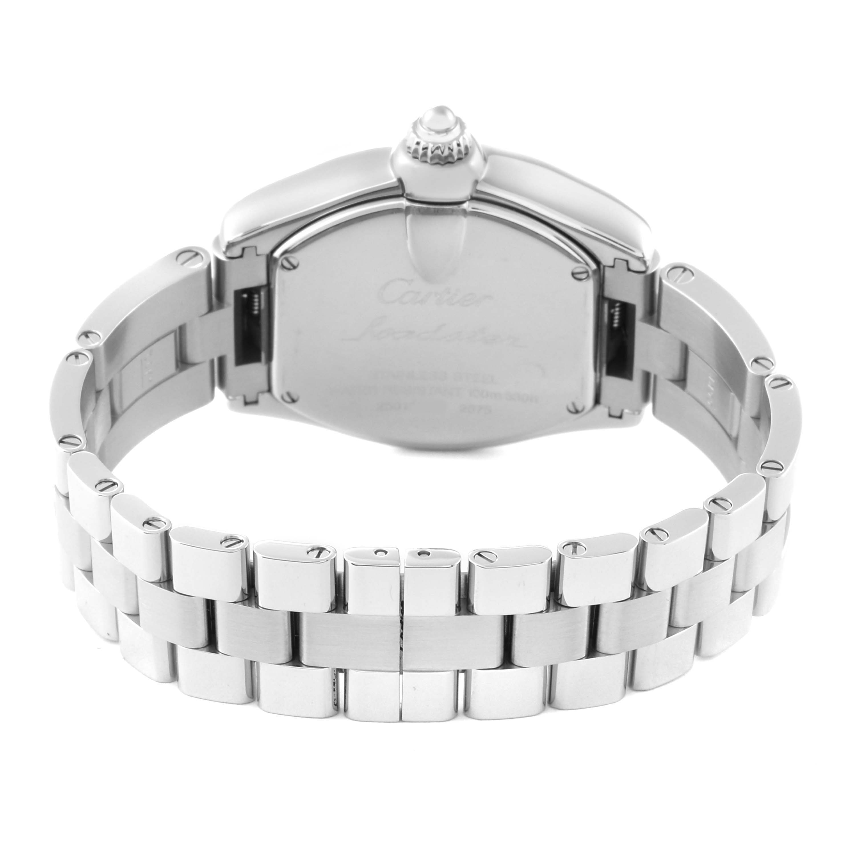 The image shows the back case and stainless steel bracelet of the Cartier Roadster W62017V3 Women's Stainless Steel Pink Dial W62017V3 Women's Stainless Steel Pink Dial watch at a rear angle.