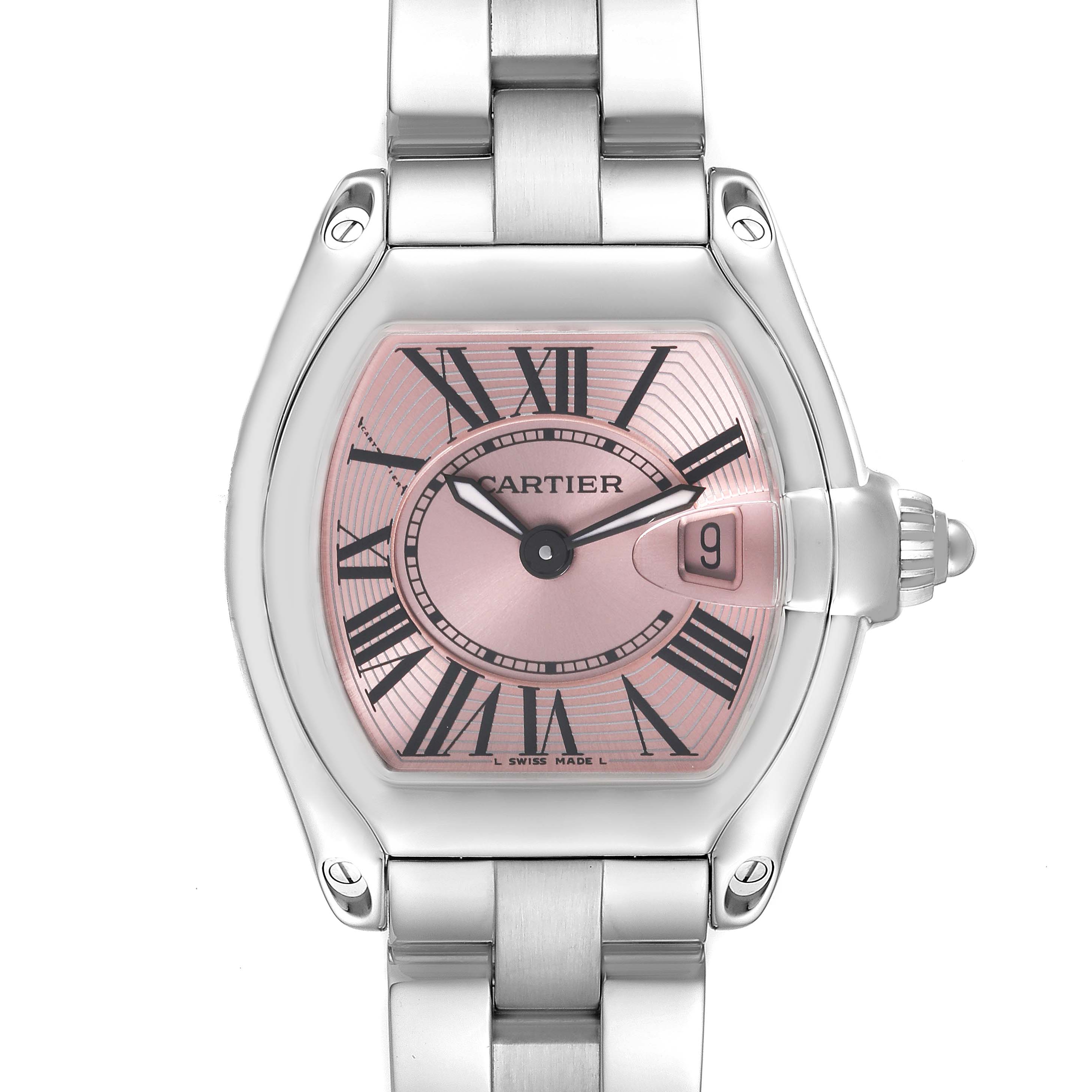 This image shows a close-up, front view of the Cartier Roadster W62017V3 Women's Stainless Steel Pink Dial W62017V3 Women's Stainless Steel Pink Dial watch, highlighting its face, bracelet, and crown.