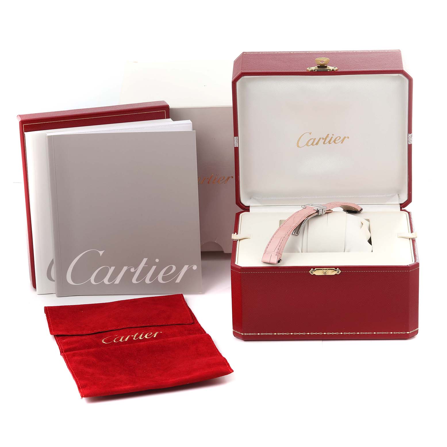 The image shows a Cartier Roadster W62017V3 Women's Stainless Steel Pink Dial W62017V3 Women's Stainless Steel Pink Dial watch with its box, manuals, and a red pouch, displayed from a slightly elevated front angle.