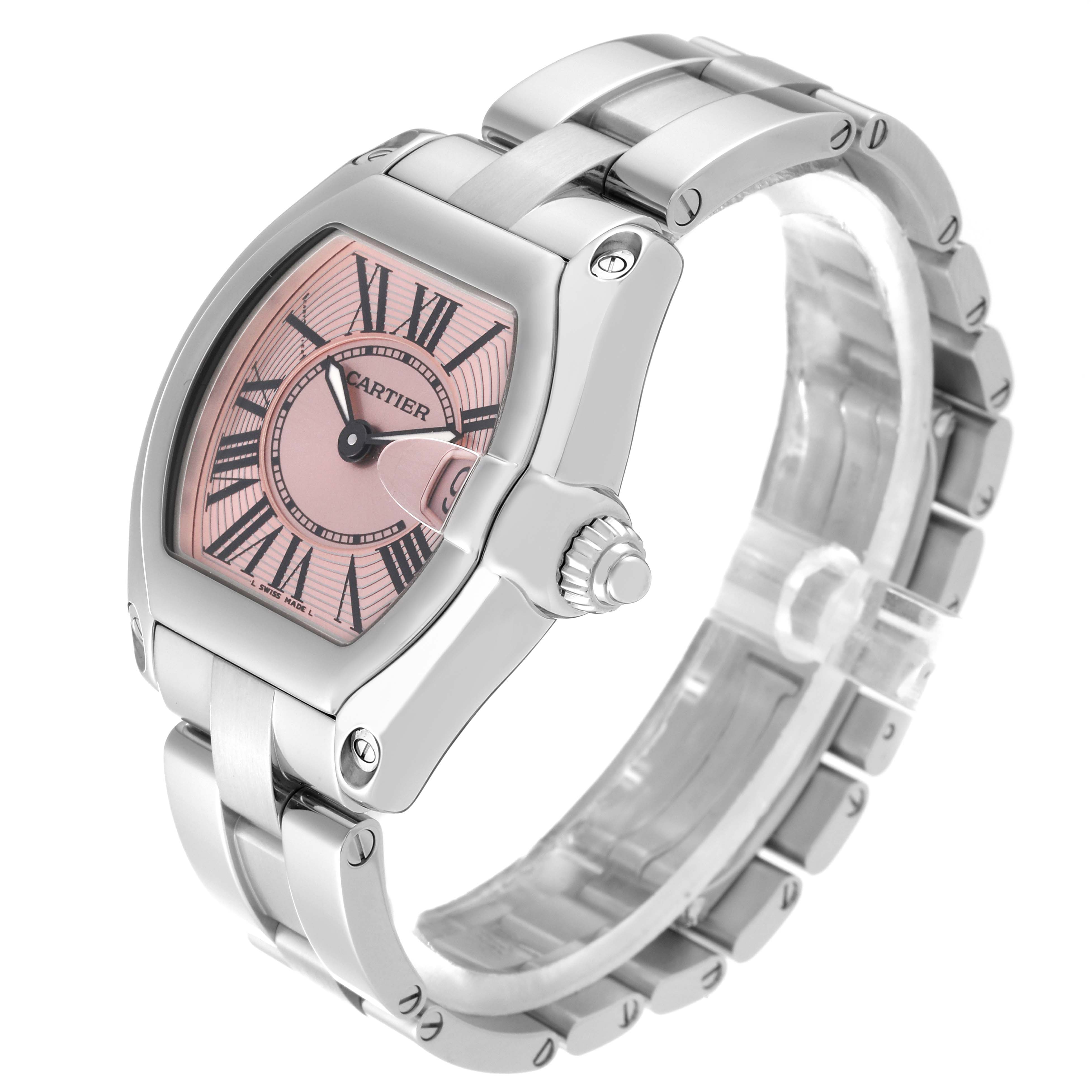The Cartier Roadster W62017V3 Women's Stainless Steel Pink Dial W62017V3 Women's Stainless Steel Pink Dial watch is shown in a three-quarter angle, displaying its pink dial, Roman numerals, crown, and metal bracelet.