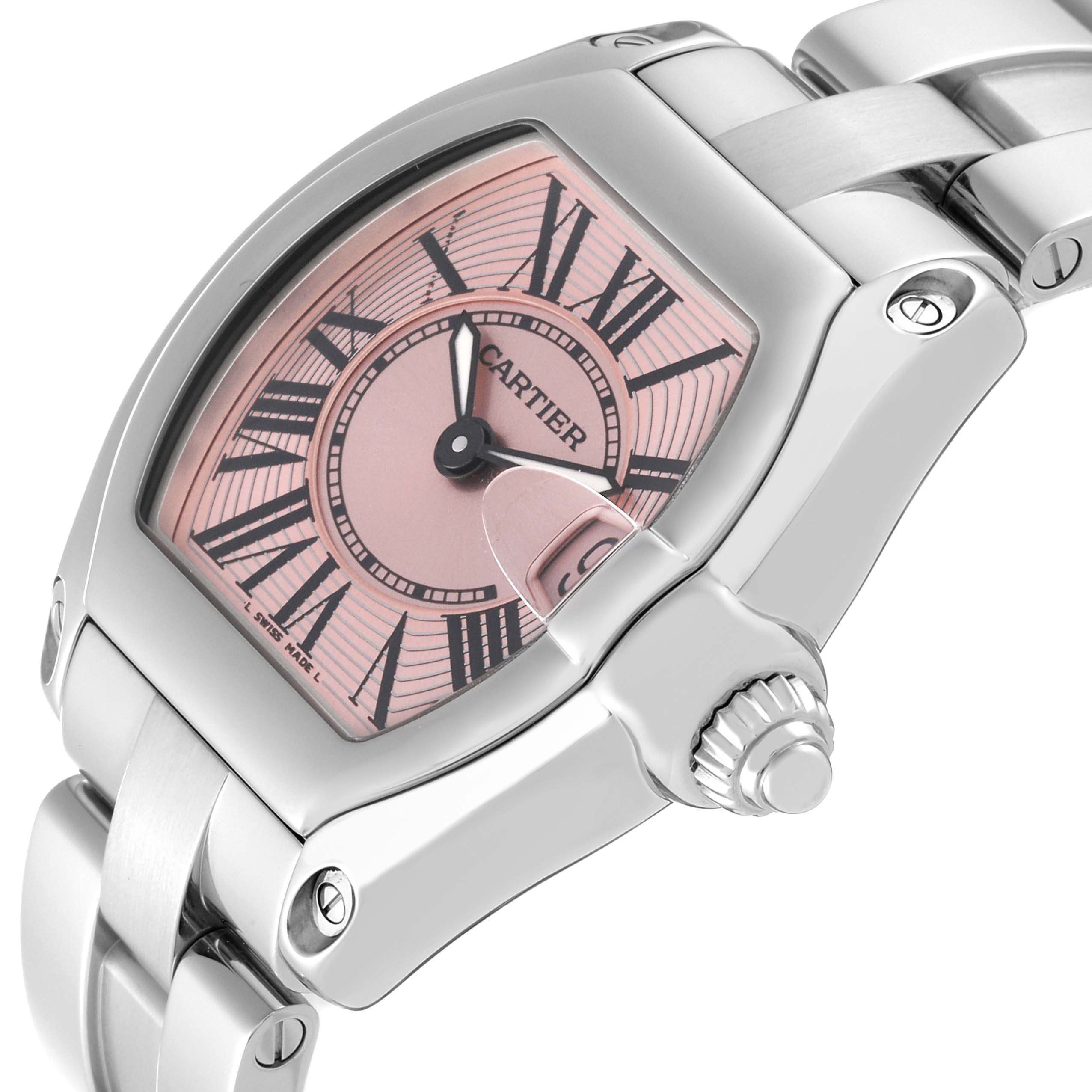 The Cartier Roadster W62017V3 Women's Stainless Steel Pink Dial W62017V3 Women's Stainless Steel Pink Dial watch is shown at an angle focusing on its dial, crown, and part of the bracelet.