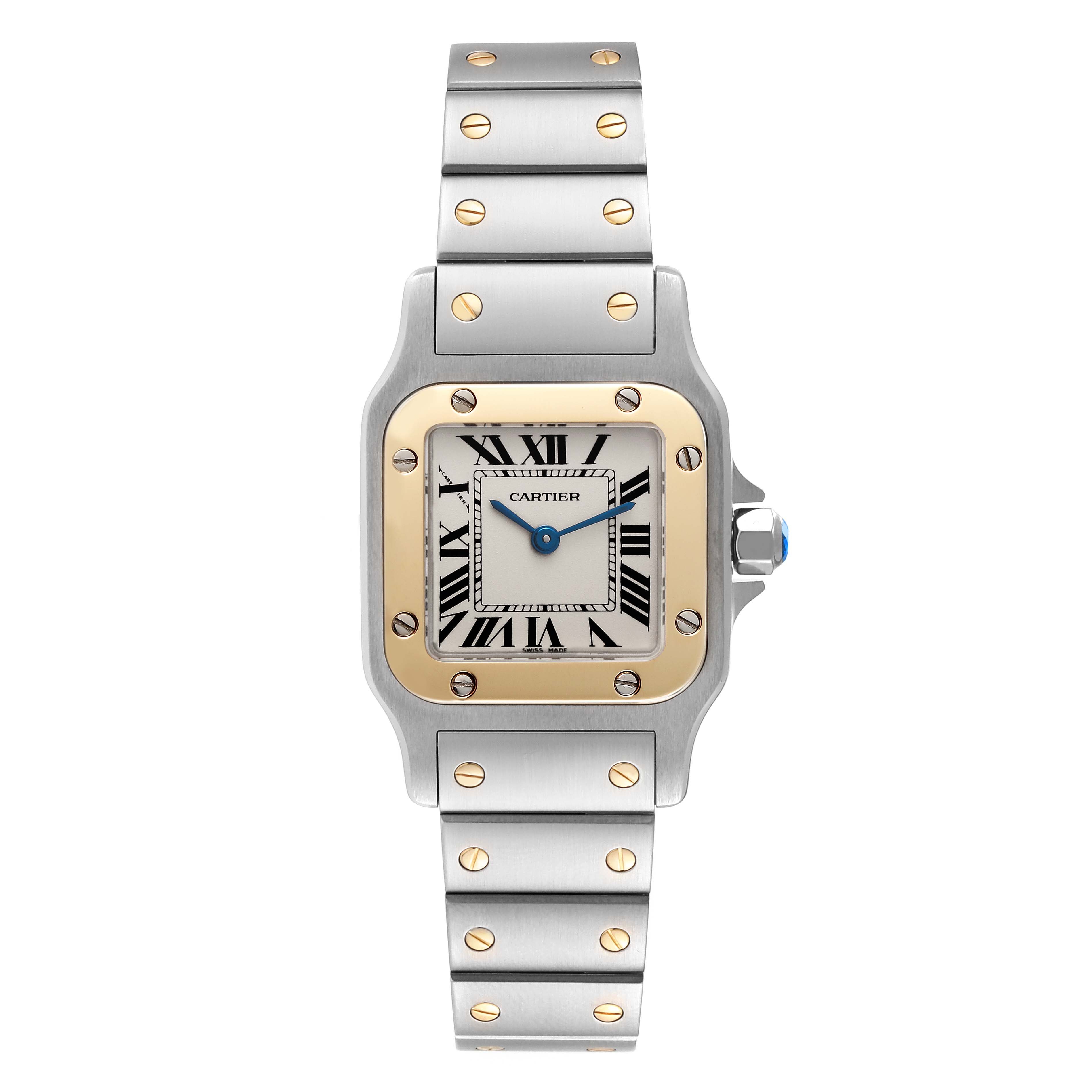 The image shows a front view of a Cartier Santos W20012C4 Women's Stainless Steel Silver Dial W20012C4 Women's Stainless Steel Silver Dial watch, highlighting its face, bezel, and bracelet with visible screws.