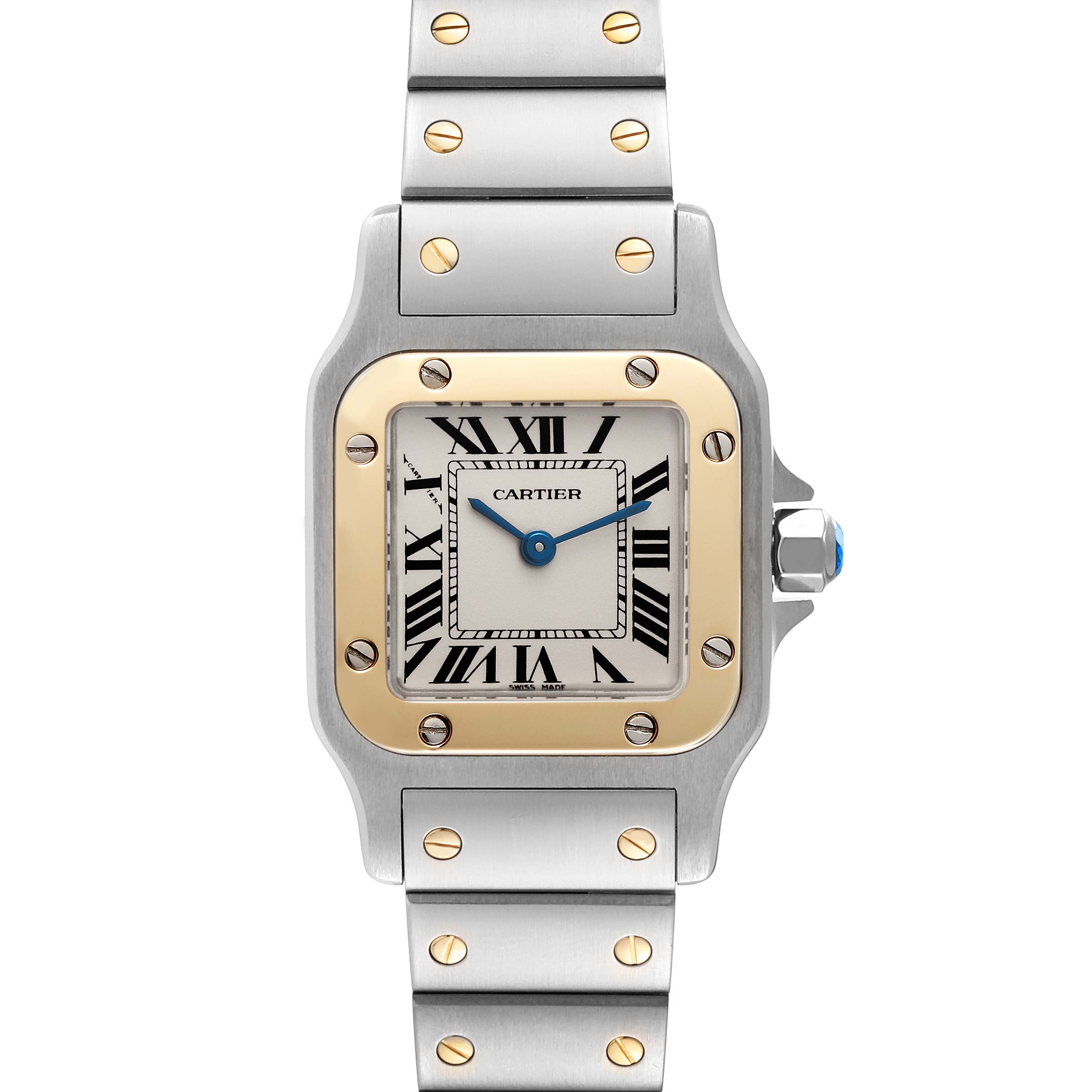 This image shows a frontal view of a Santos de Cartier watch, highlighting its face, bezel, and bracelet.