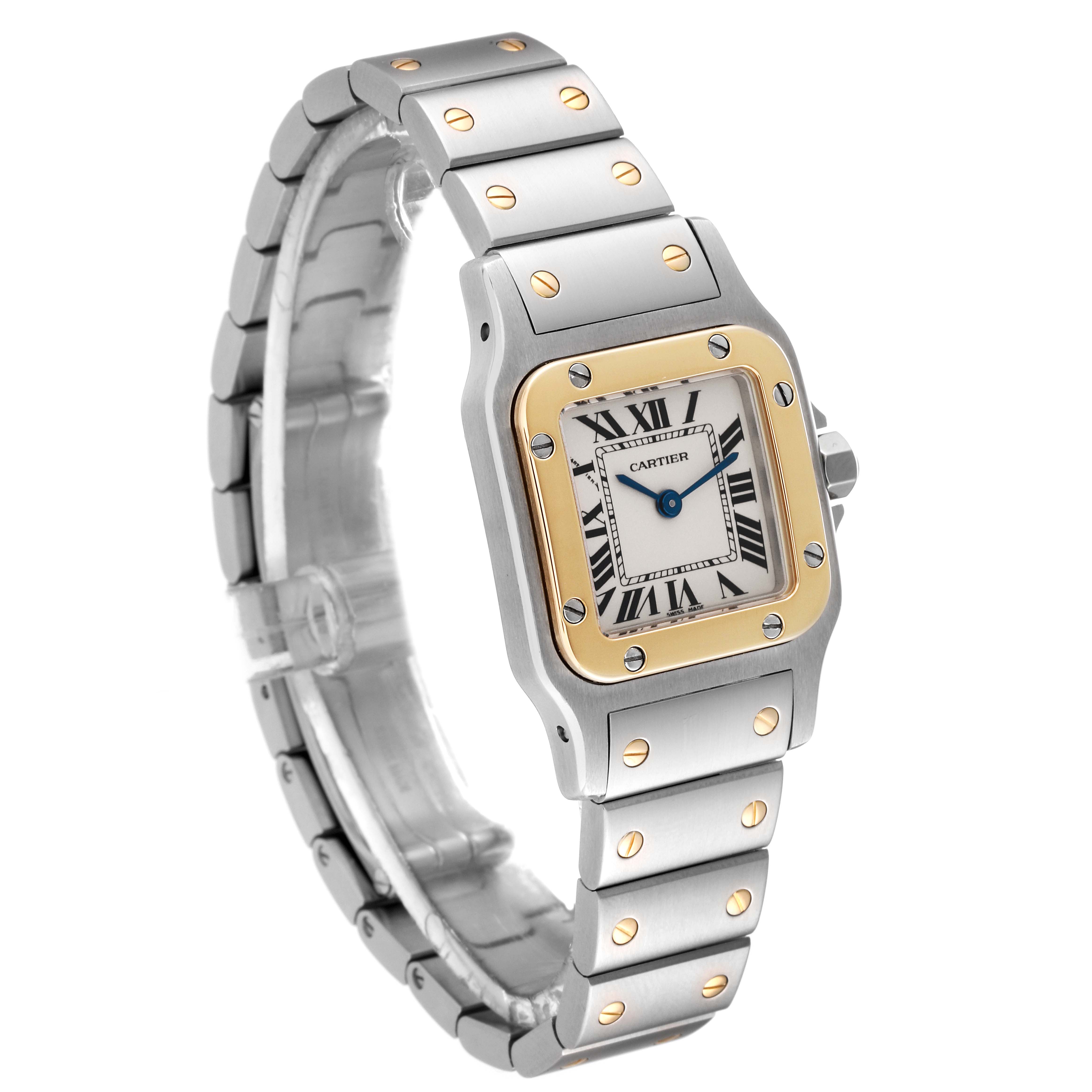 A side-profile view of the Cartier Santos W20012C4 Women's Stainless Steel Silver Dial W20012C4 Women's Stainless Steel Silver Dial watch, showing the face, bracelet, and distinctive exposed screws.