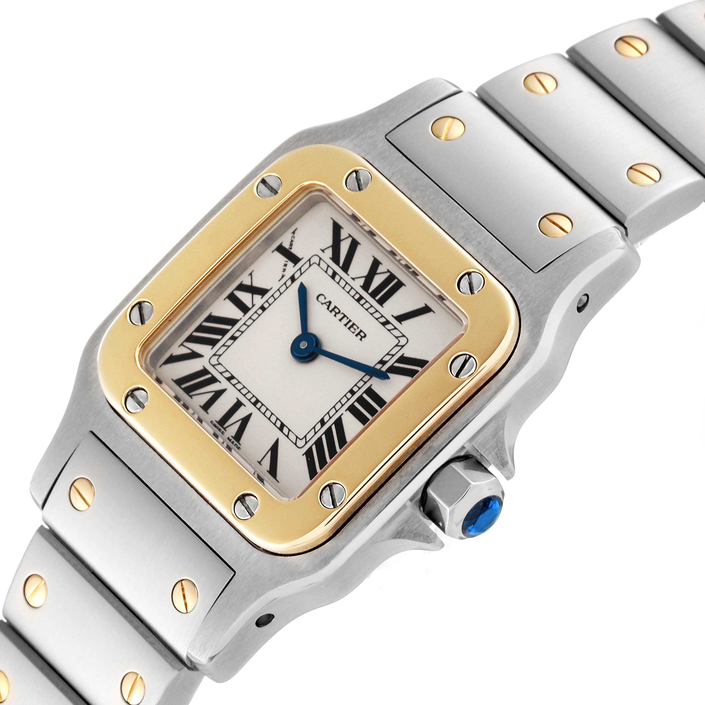 This Cartier Santos W20012C4 Women's Stainless Steel Silver Dial W20012C4 Women's Stainless Steel Silver Dial watch is shown from a close-up angle, highlighting the face, bezel, and part of the metal bracelet.
