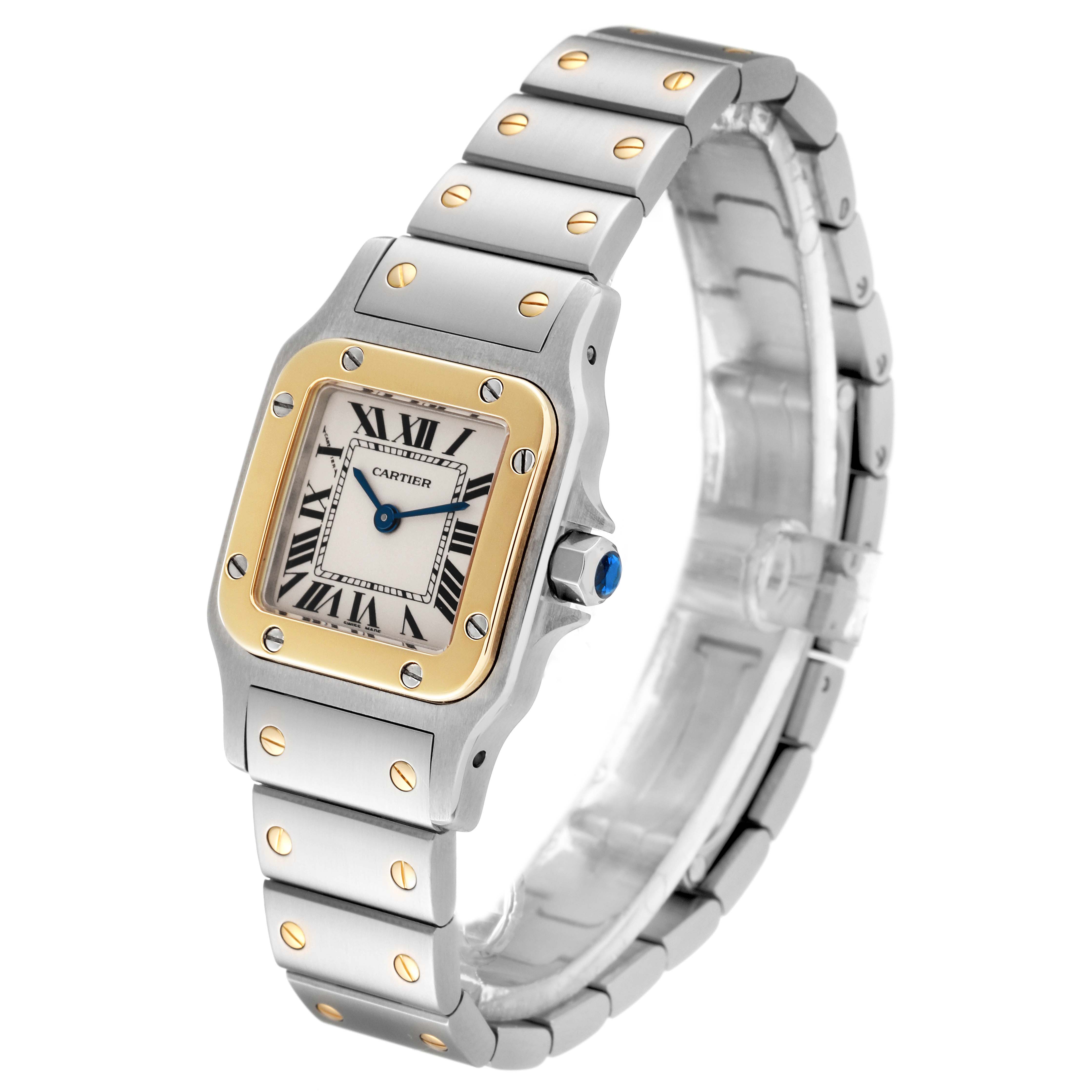 The image shows a Cartier Santos W20012C4 Women's Stainless Steel Silver Dial W20012C4 Women's Stainless Steel Silver Dial watch at a three-quarter angle, highlighting the face, bracelet, and crown.