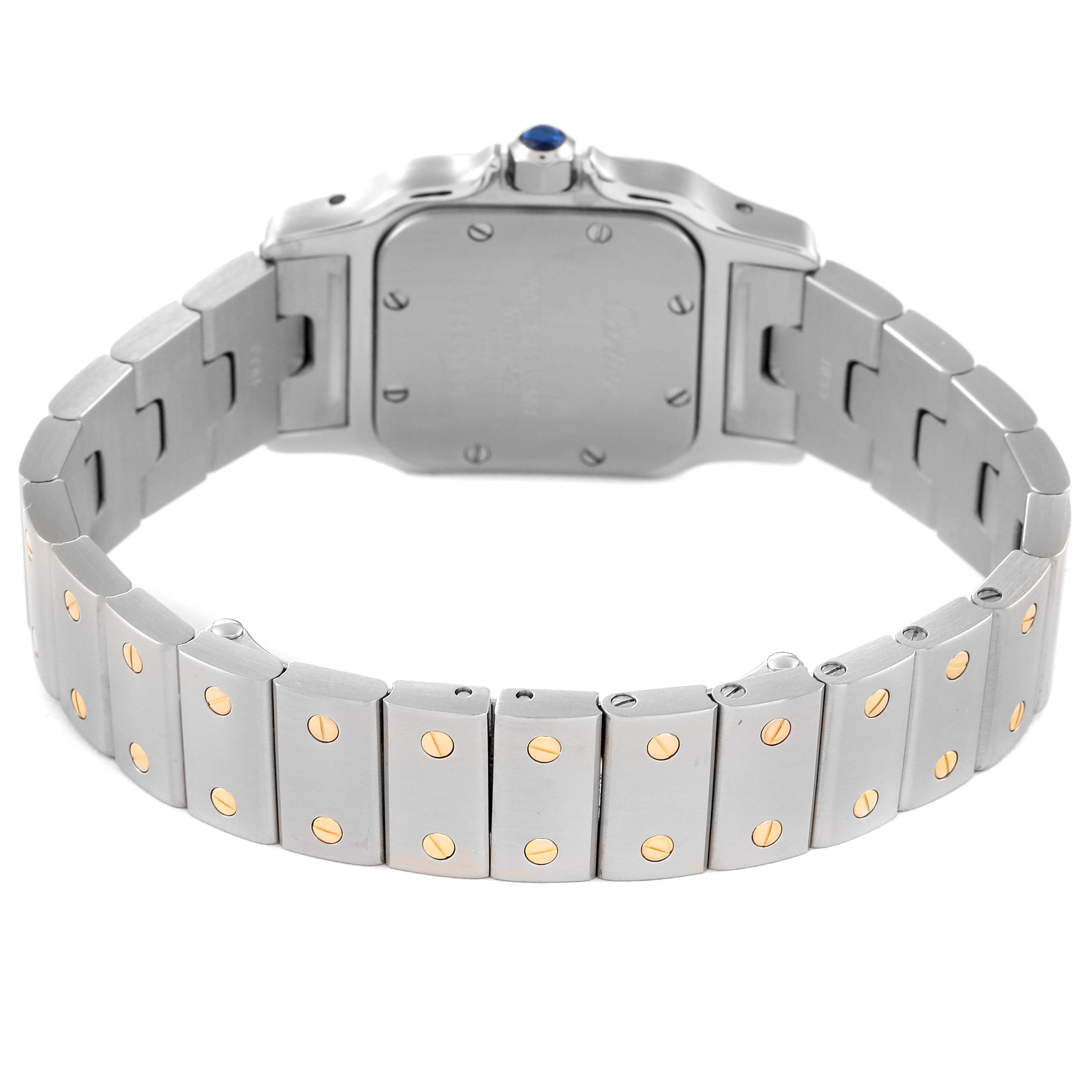 The image shows the back view and the metal bracelet of a Cartier Santos W20012C4 Women's Stainless Steel Silver Dial W20012C4 Women's Stainless Steel Silver Dial watch.