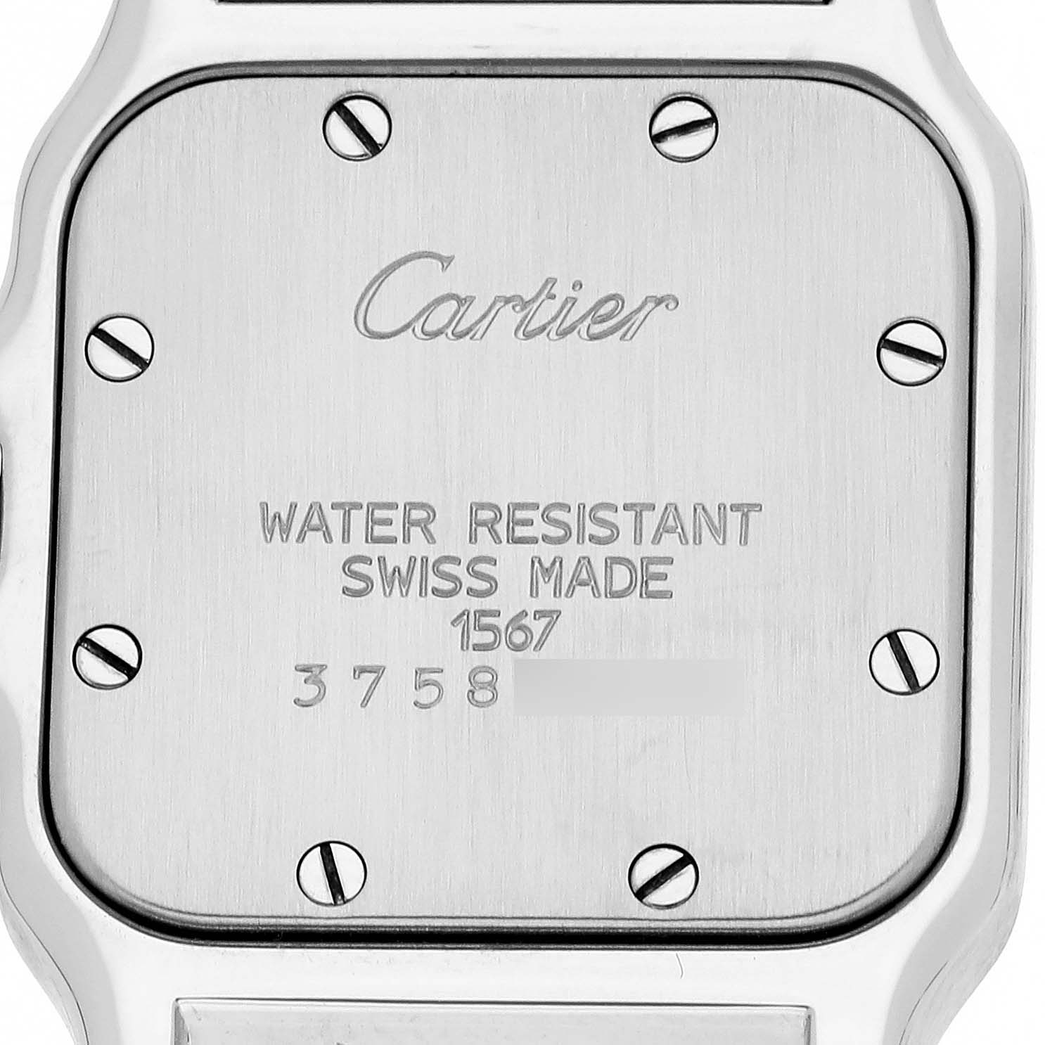This image shows the stainless steel case back of the Cartier Santos W20012C4 Women's Steel and Gold (two tone) Silver Dial W20012C4 Women's Steel and Gold (two tone) Silver Dial watch, revealing its screws and engravings.