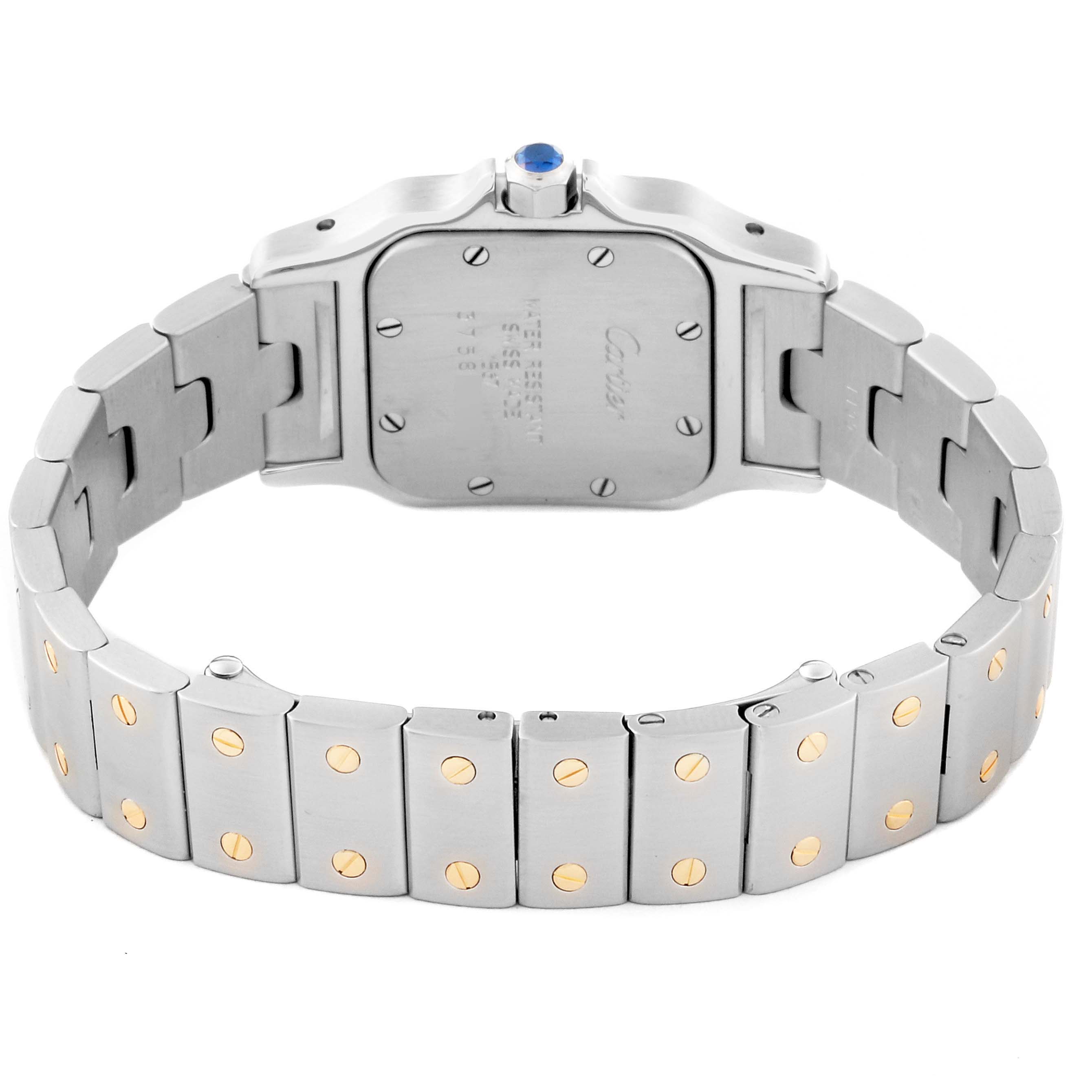 This image shows the Santos model watch by Cartier from a rear angle, highlighting its case back and bracelet.