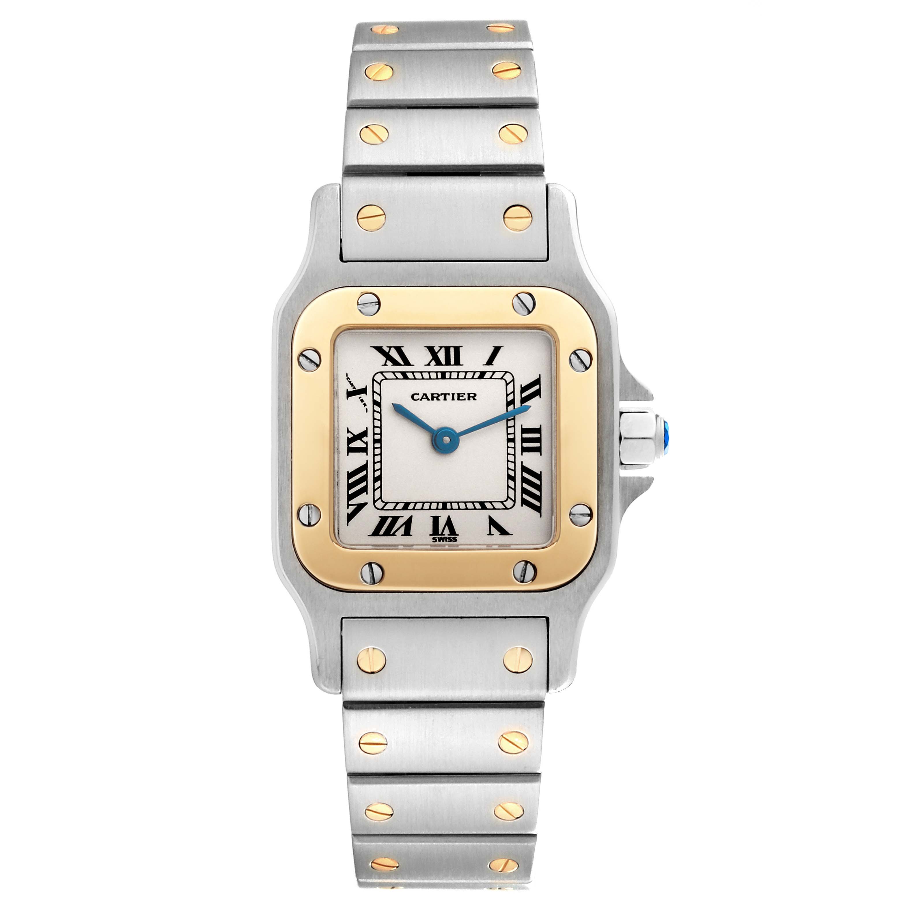 The Cartier Santos W20012C4 Women's Steel and Gold (two tone) Silver Dial W20012C4 Women's Steel and Gold (two tone) Silver Dial watch is shown from a top-down angle, displaying its face, bezel, and bracelet.
