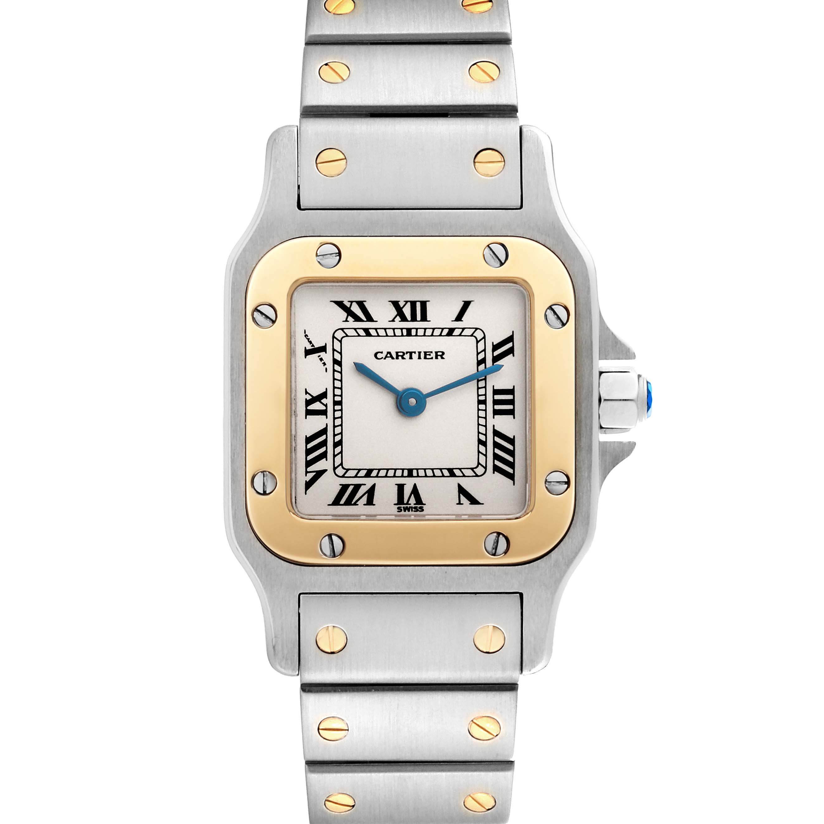 The image shows a frontal view of a Cartier Santos W20012C4 Women's Steel and Gold (two tone) Silver Dial W20012C4 Women's Steel and Gold (two tone) Silver Dial watch, detailing the face, bezel, bracelet, and crown.