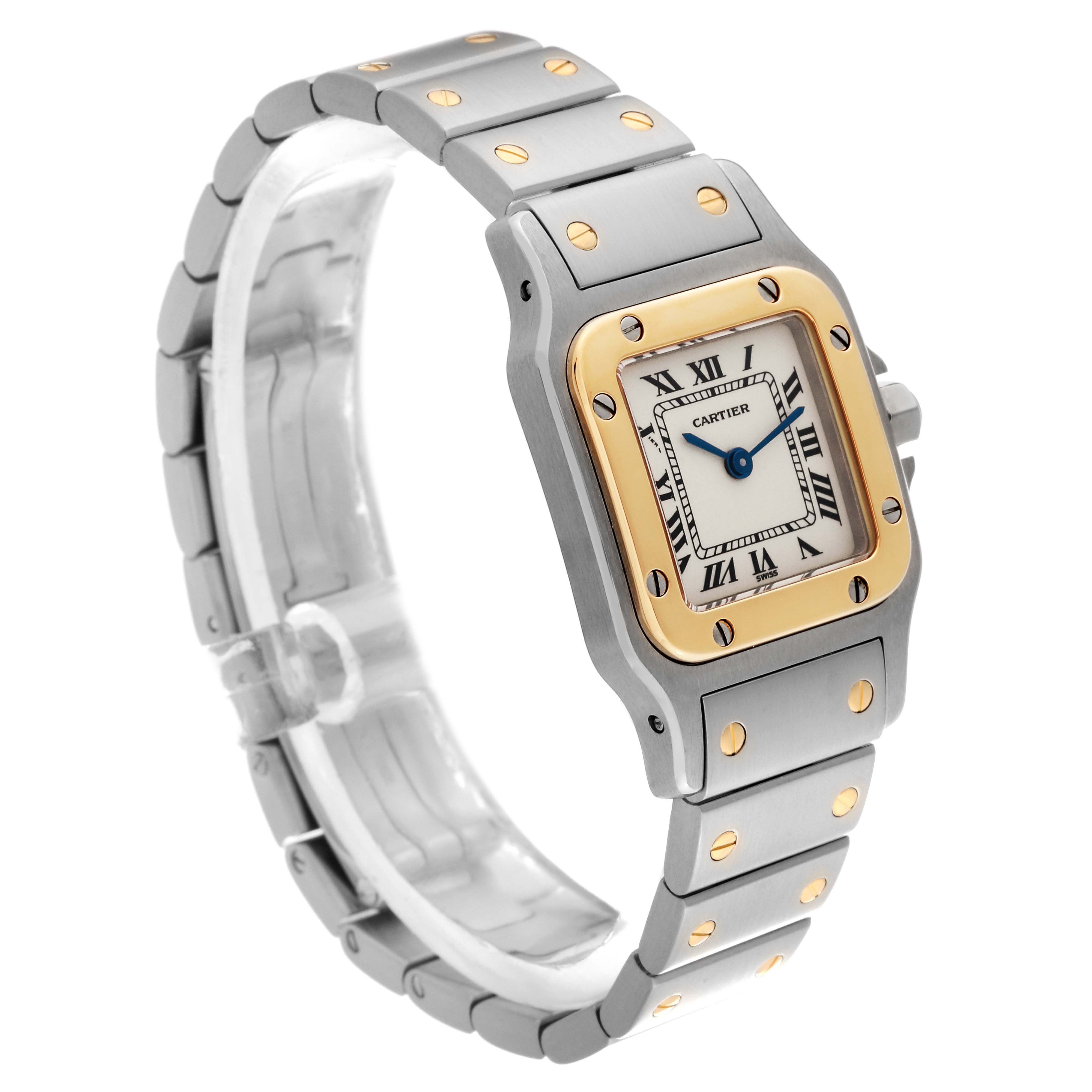 The Cartier Santos W20012C4 Women's Steel and Gold (two tone) Silver Dial W20012C4 Women's Steel and Gold (two tone) Silver Dial watch is shown at an angle displaying the front face and part of its metal bracelet.
