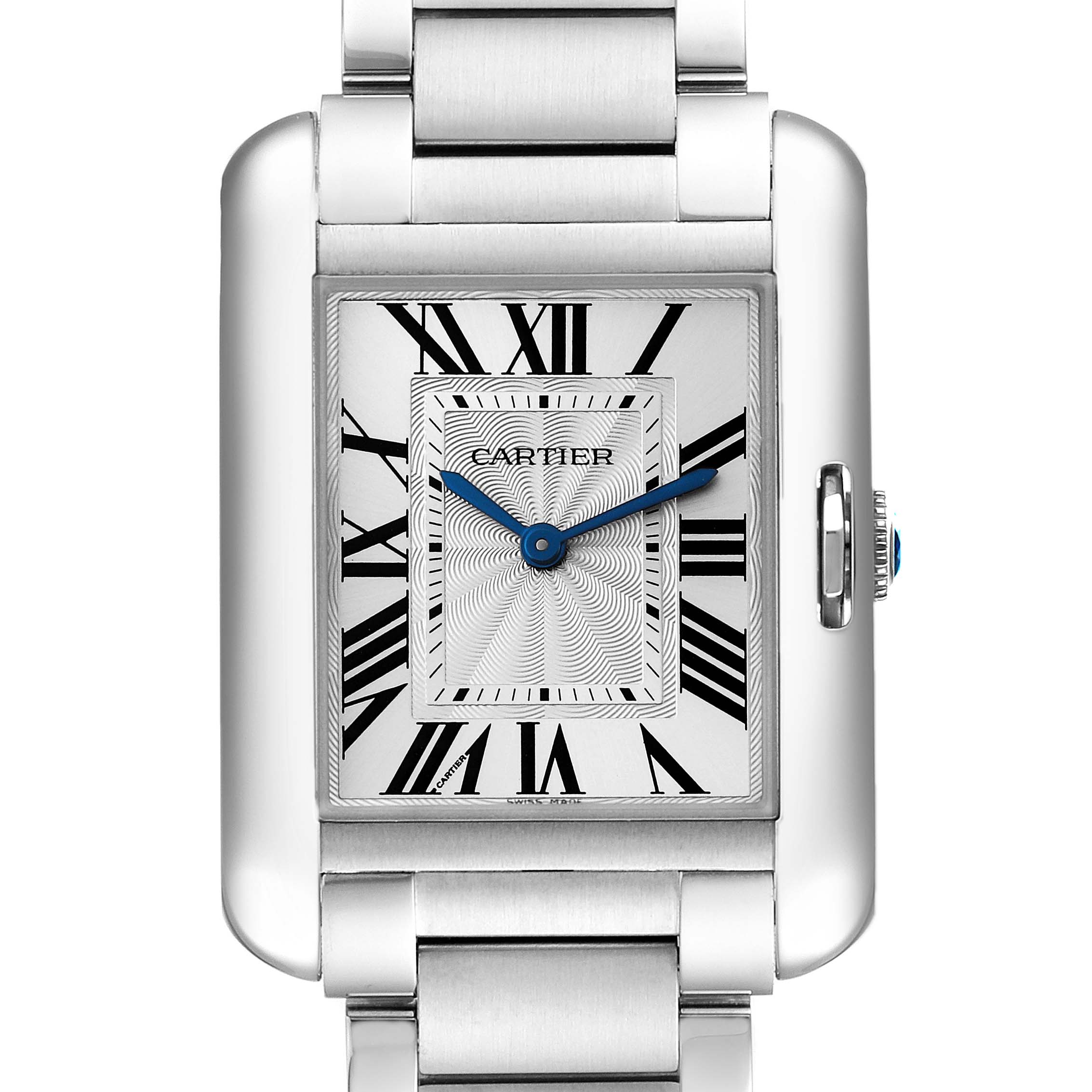 This image shows a frontal view of the Cartier Tank Anglaise W5310044 Women's Stainless Steel Silver Dial W5310044 Women's Stainless Steel Silver Dial watch, highlighting the face, silver casing, and part of the metal bracelet.