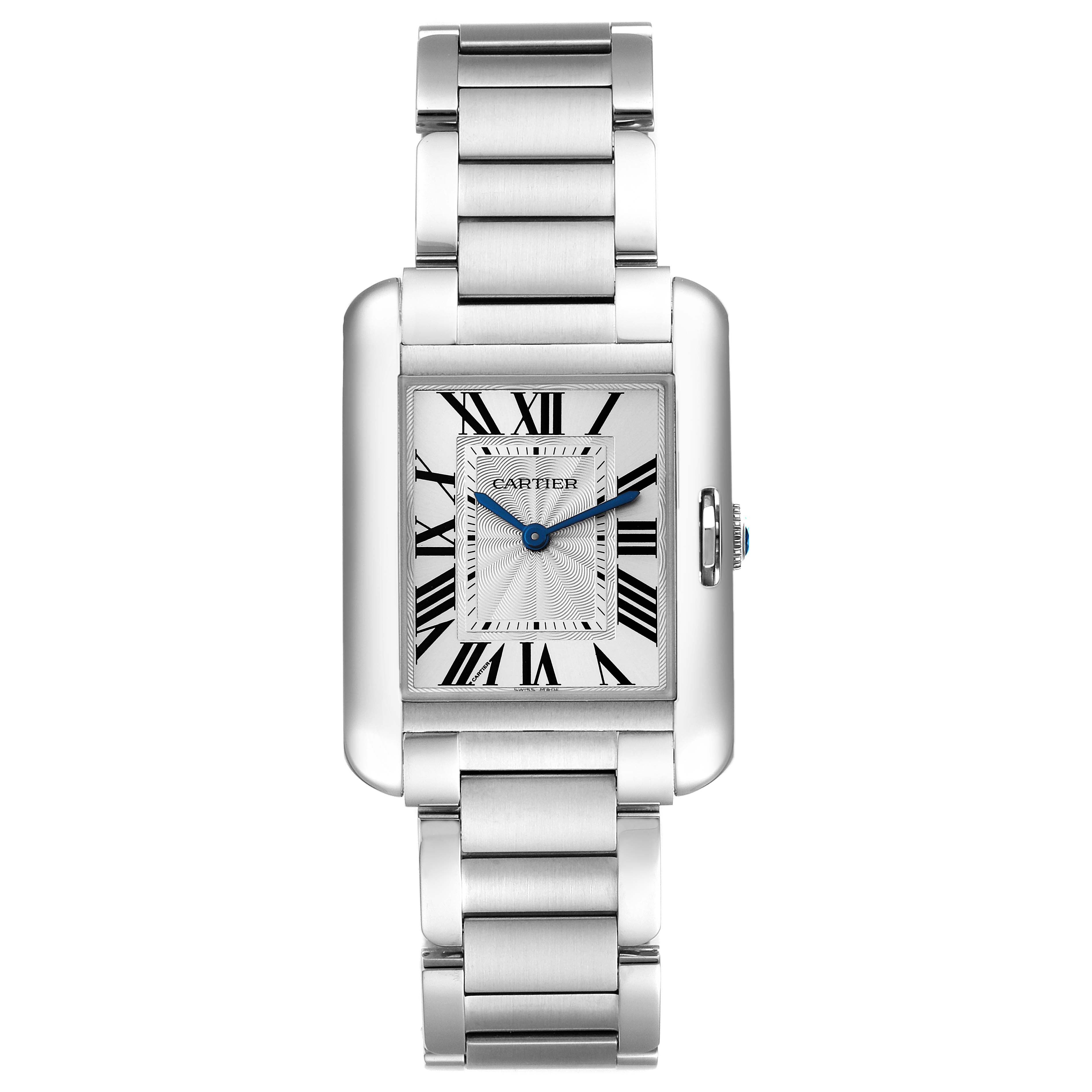 The image shows a frontal view of the Cartier Tank Anglaise W5310044 Women's Stainless Steel Silver Dial W5310044 Women's Stainless Steel Silver Dial watch, highlighting its dial, hour markers, and metal bracelet.