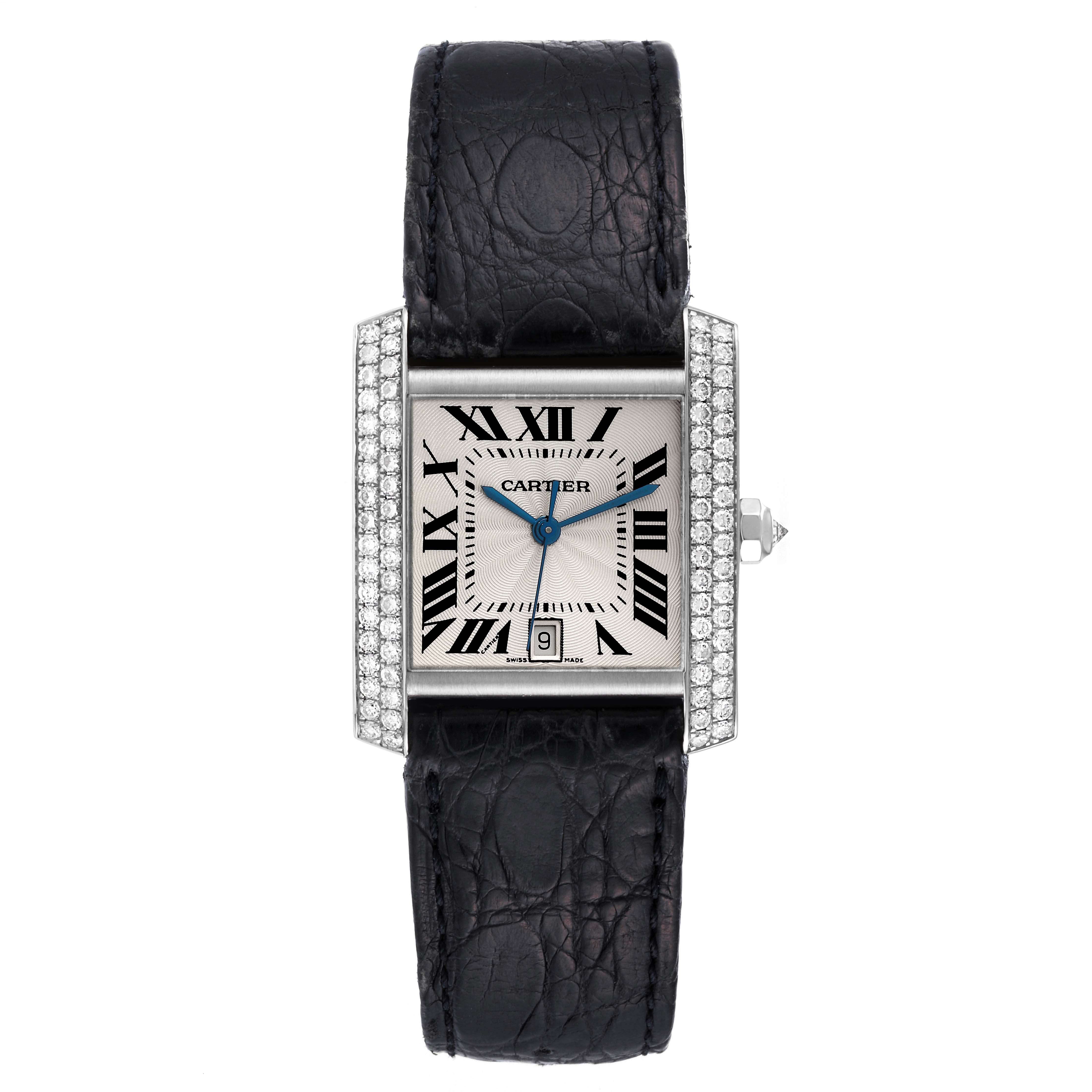 The Cartier Tank Française watch is shown in a front angle, displaying its dial, bezel, and strap clearly.