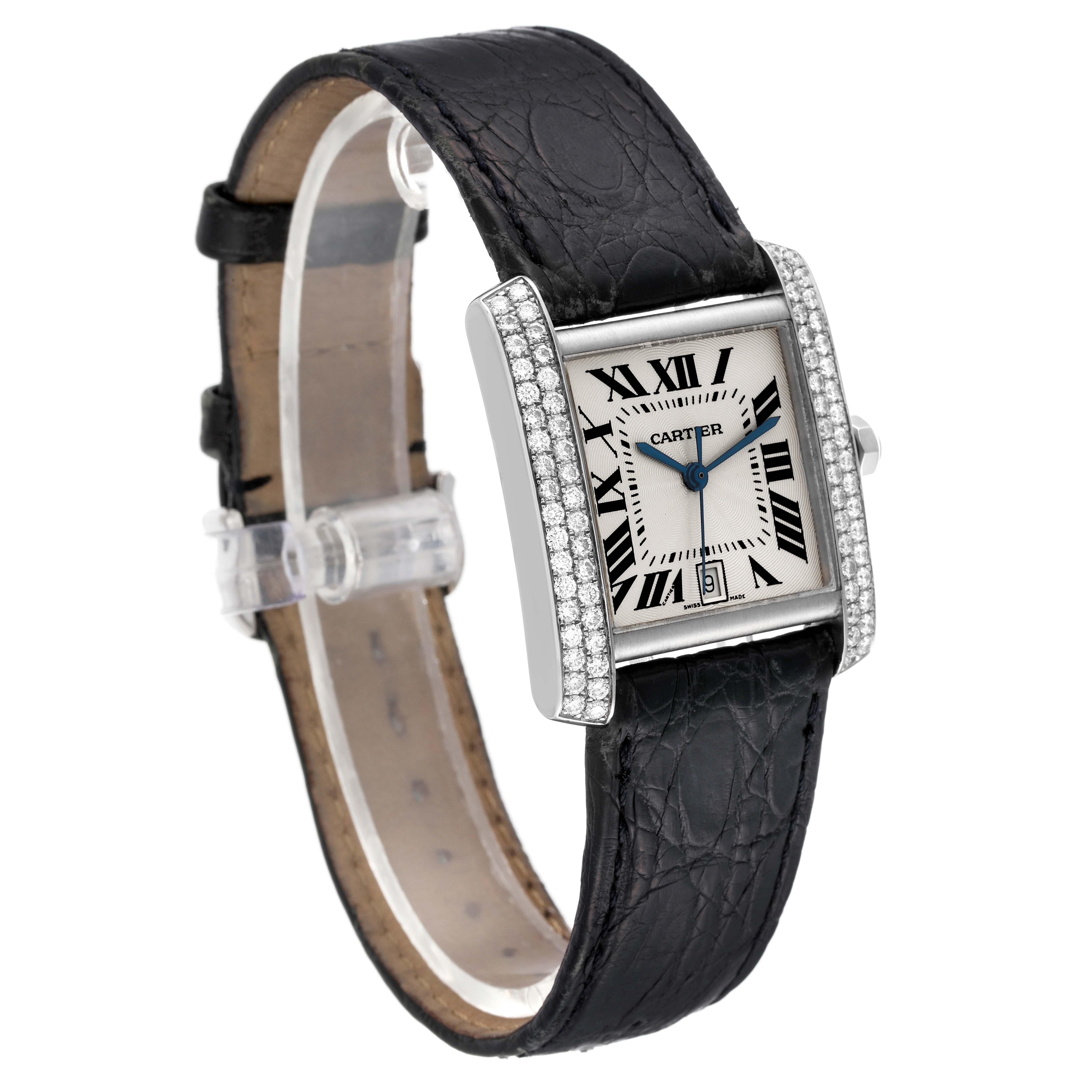 This image shows a Cartier Tank Française watch from a front-side angle, highlighting its face, bezel, and leather strap.