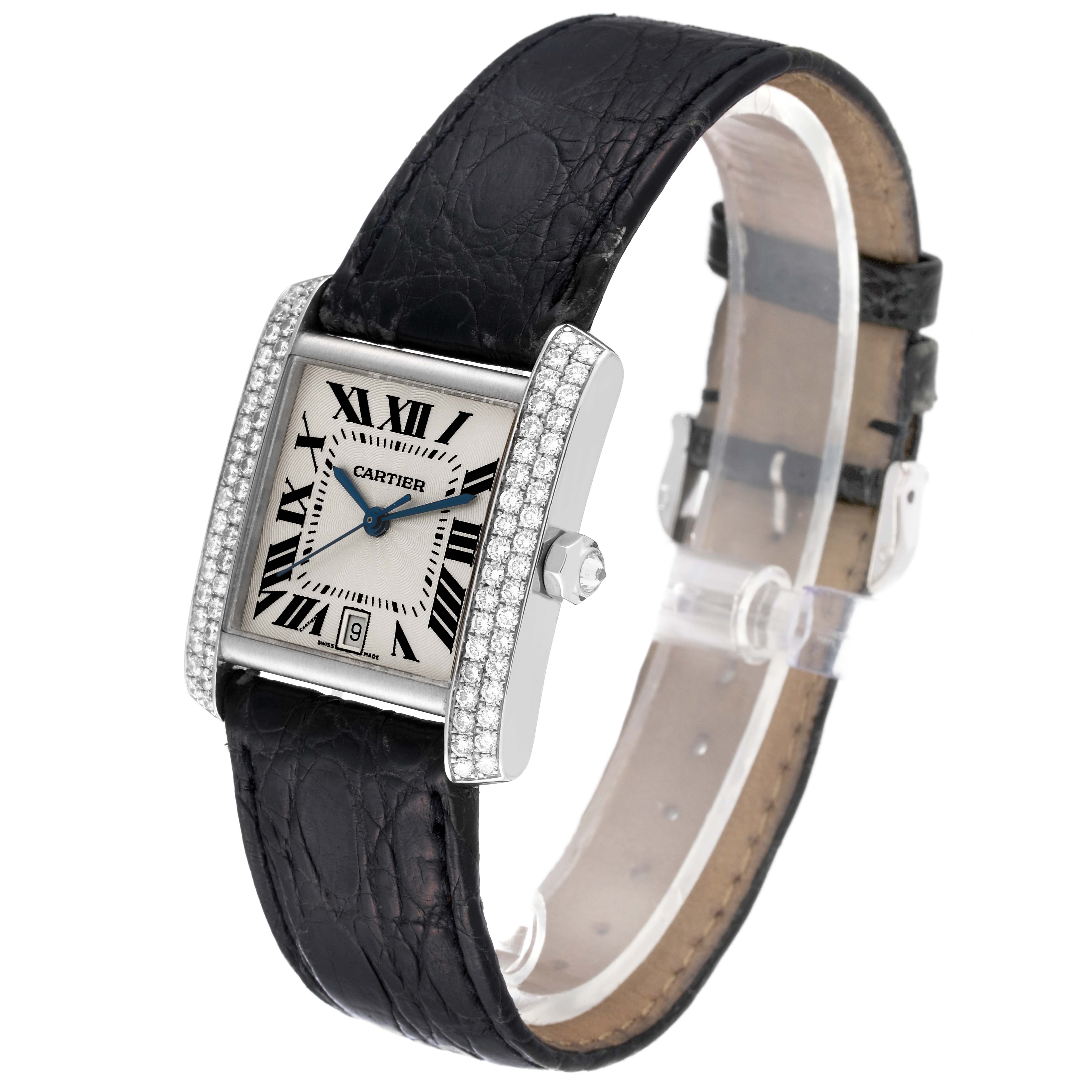 The Cartier Tank Francaise 2366 Men
s White Gold Silver Dial 2366 Men
s White Gold Silver Dial watch is shown at an angled side view, highlighting the dial, strap, and bejeweled case.