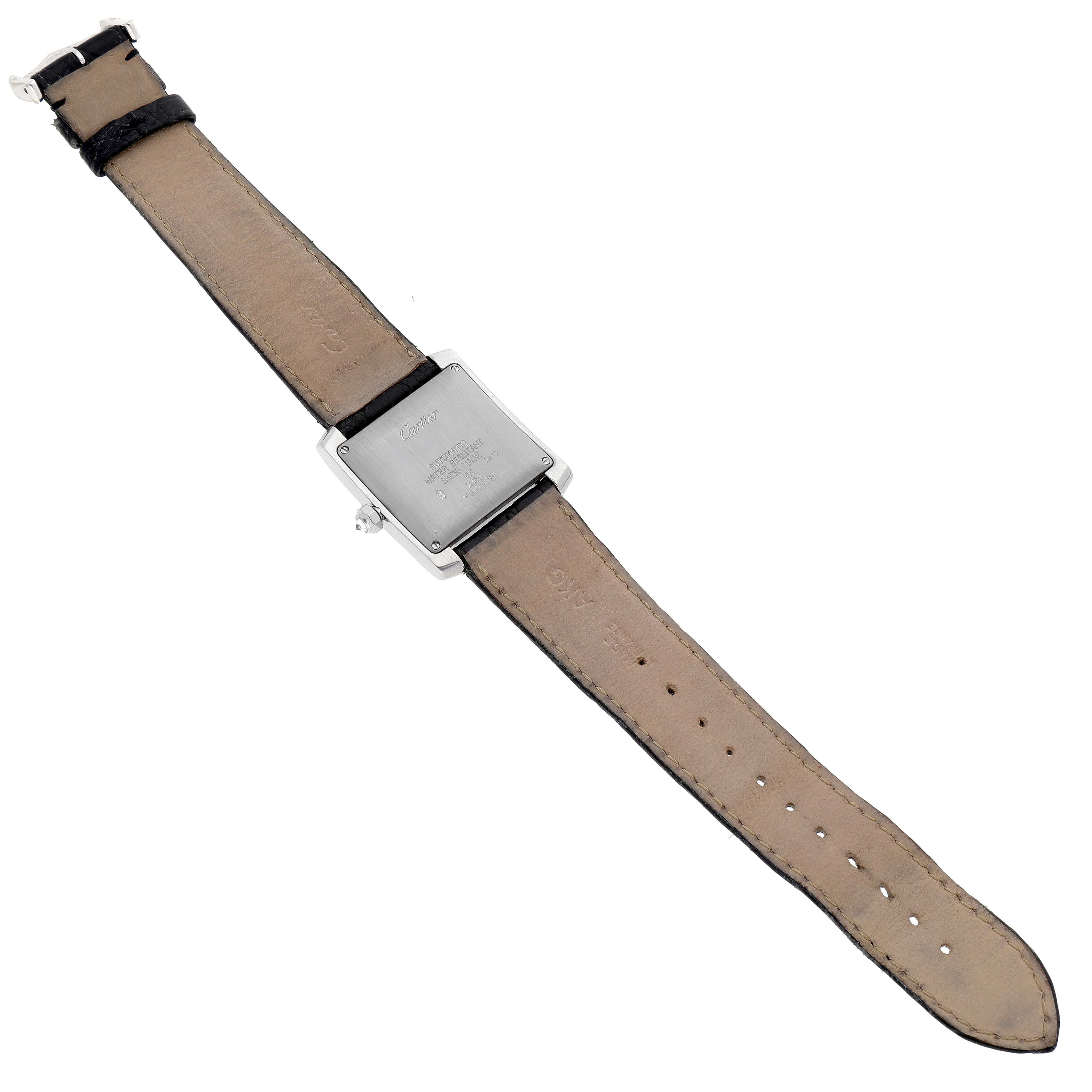 This image shows the back of the Cartier Tank Francaise 2366 Men
s White Gold Silver Dial 2366 Men
s White Gold Silver Dial watch and its leather strap laid flat.