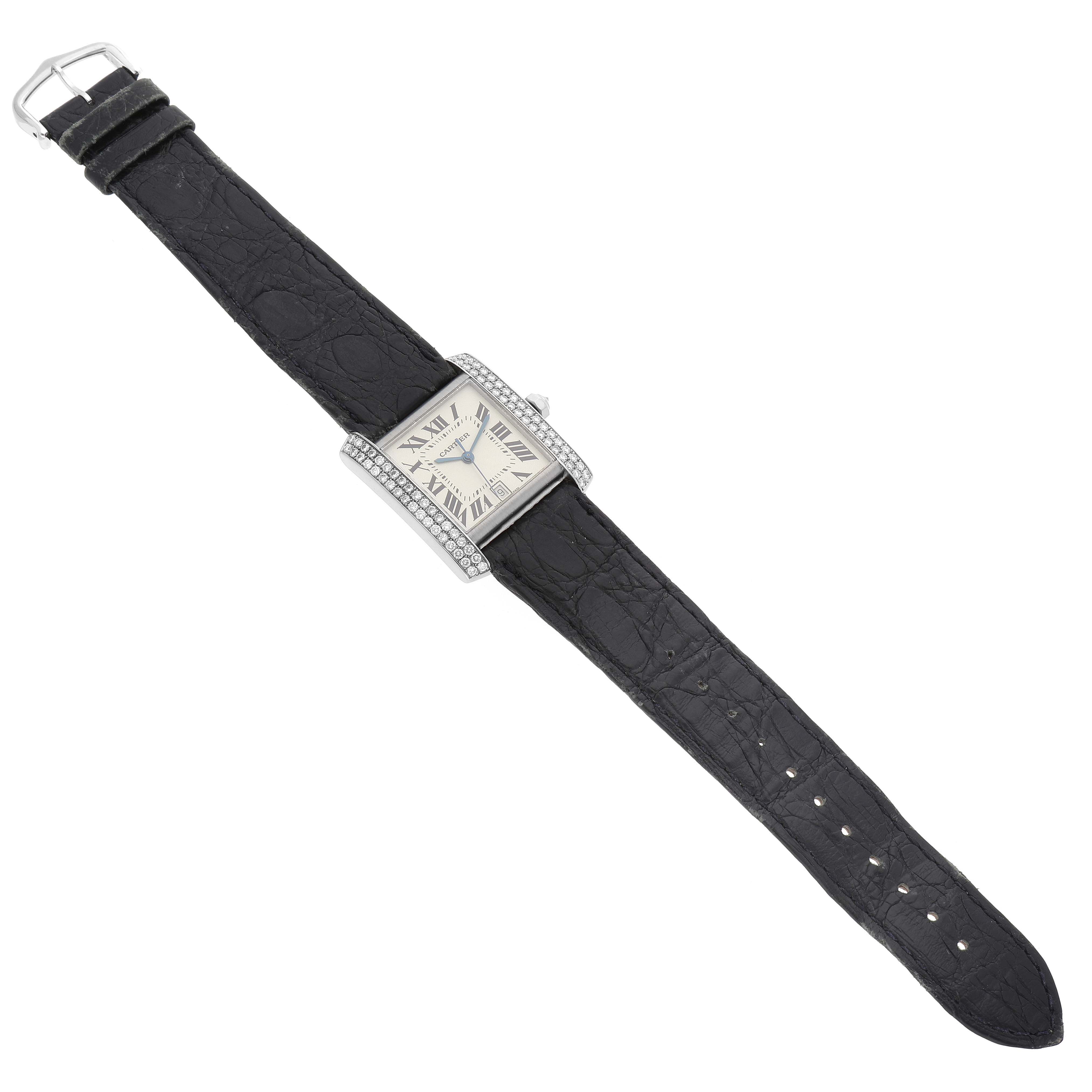 The Cartier Tank Francaise 2366 Men
s White Gold Silver Dial 2366 Men
s White Gold Silver Dial watch is shown from a top-down perspective, featuring its entire strap and face.