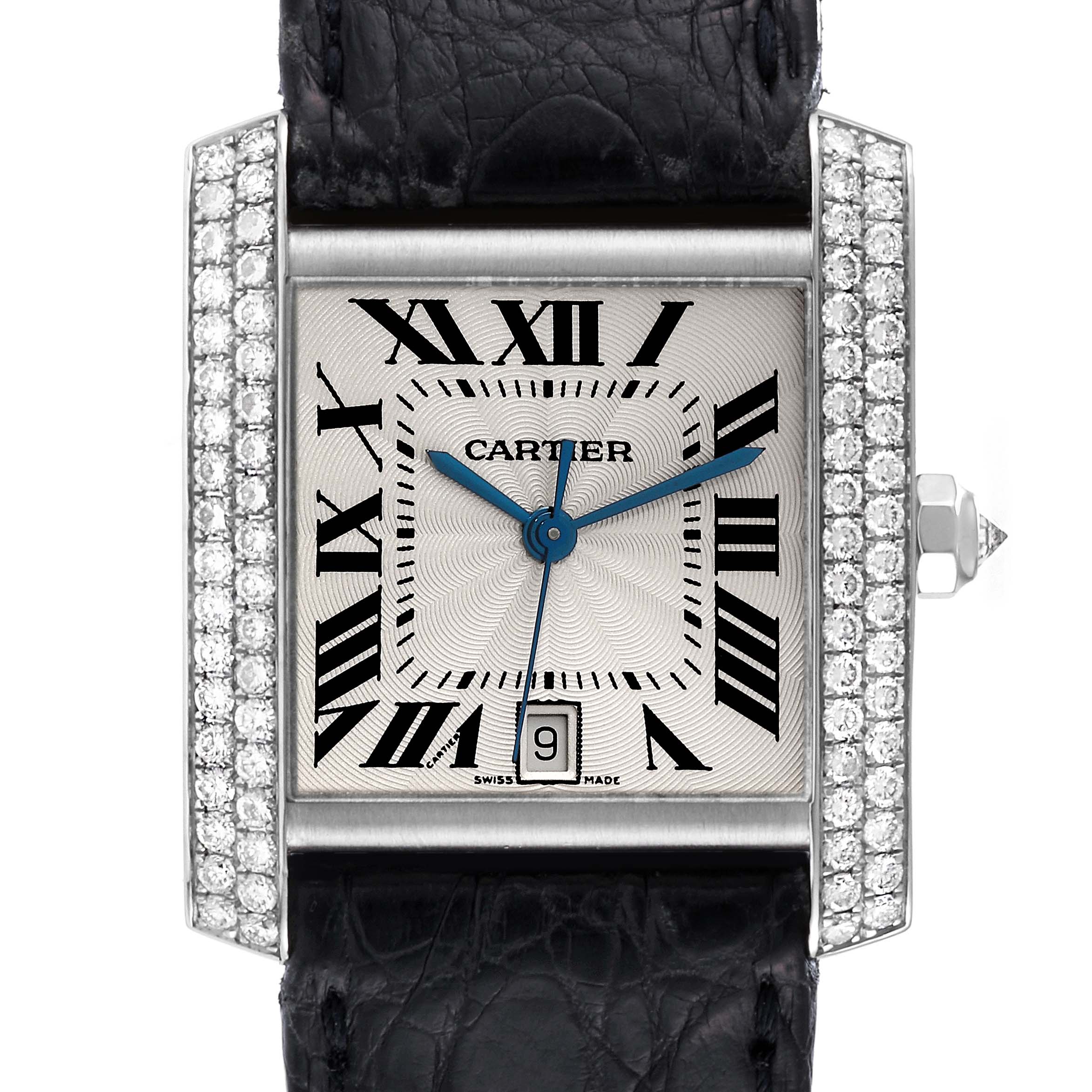 The image shows a close-up view of the Cartier Tank Francaise 2366 Men
s White Gold Silver Dial 2366 Men
s White Gold Silver Dial watch face, bezel, and part of the leather strap.
