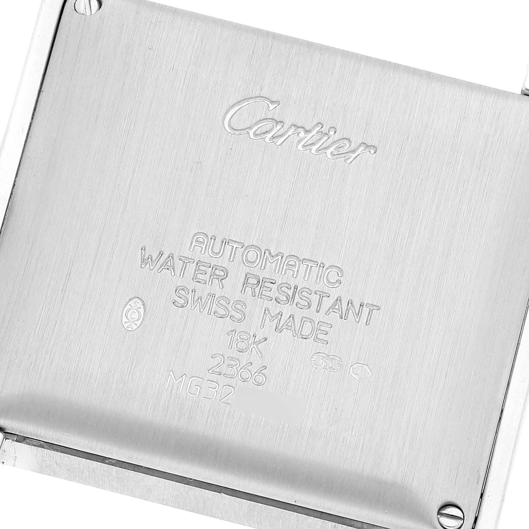 This image shows the back case of a Cartier Tank Francaise 2366 Men
s White Gold Silver Dial 2366 Men
s White Gold Silver Dial watch with engraved details.