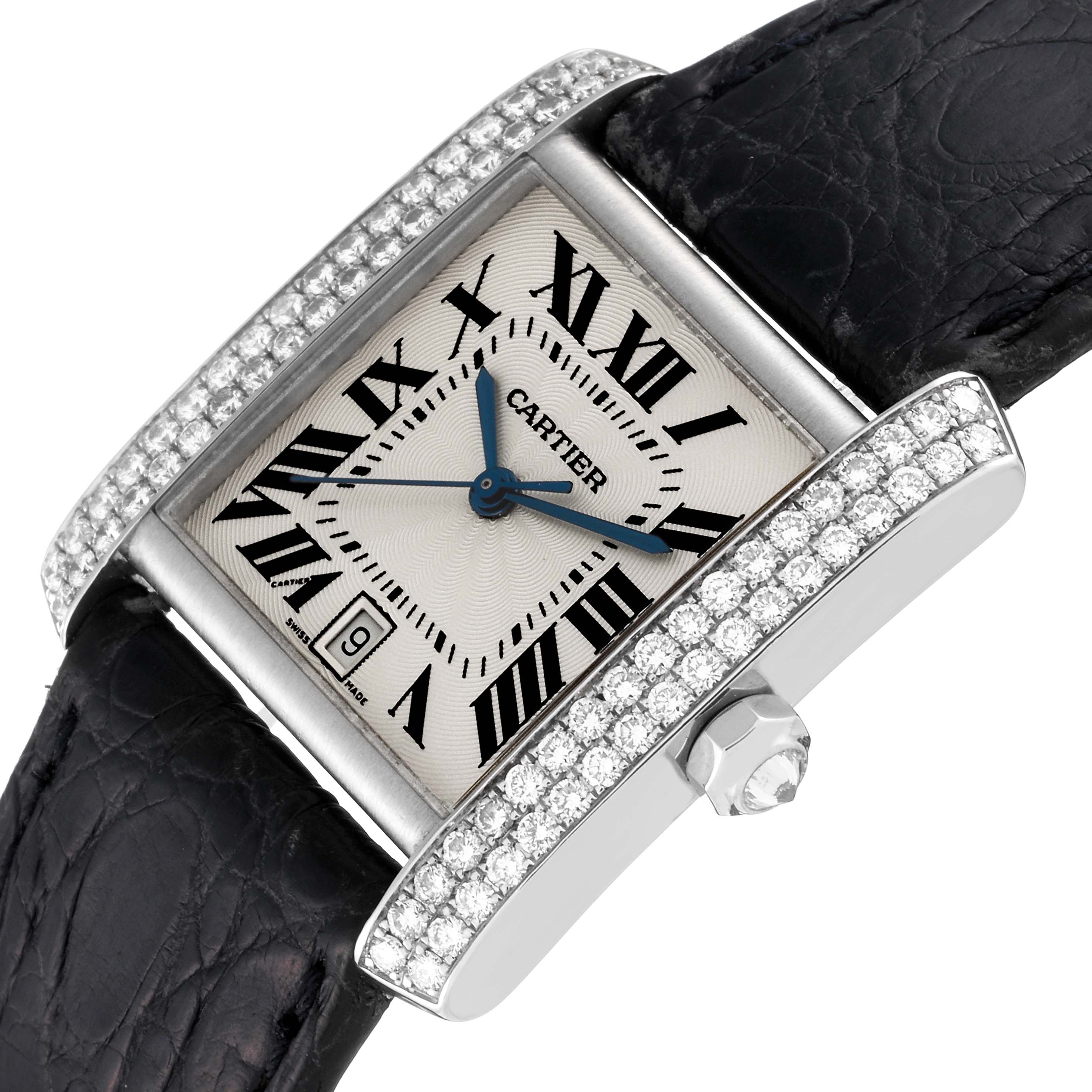 The image shows a close-up view of the dial, bezel, and part of the strap of the Cartier Tank Française watch.