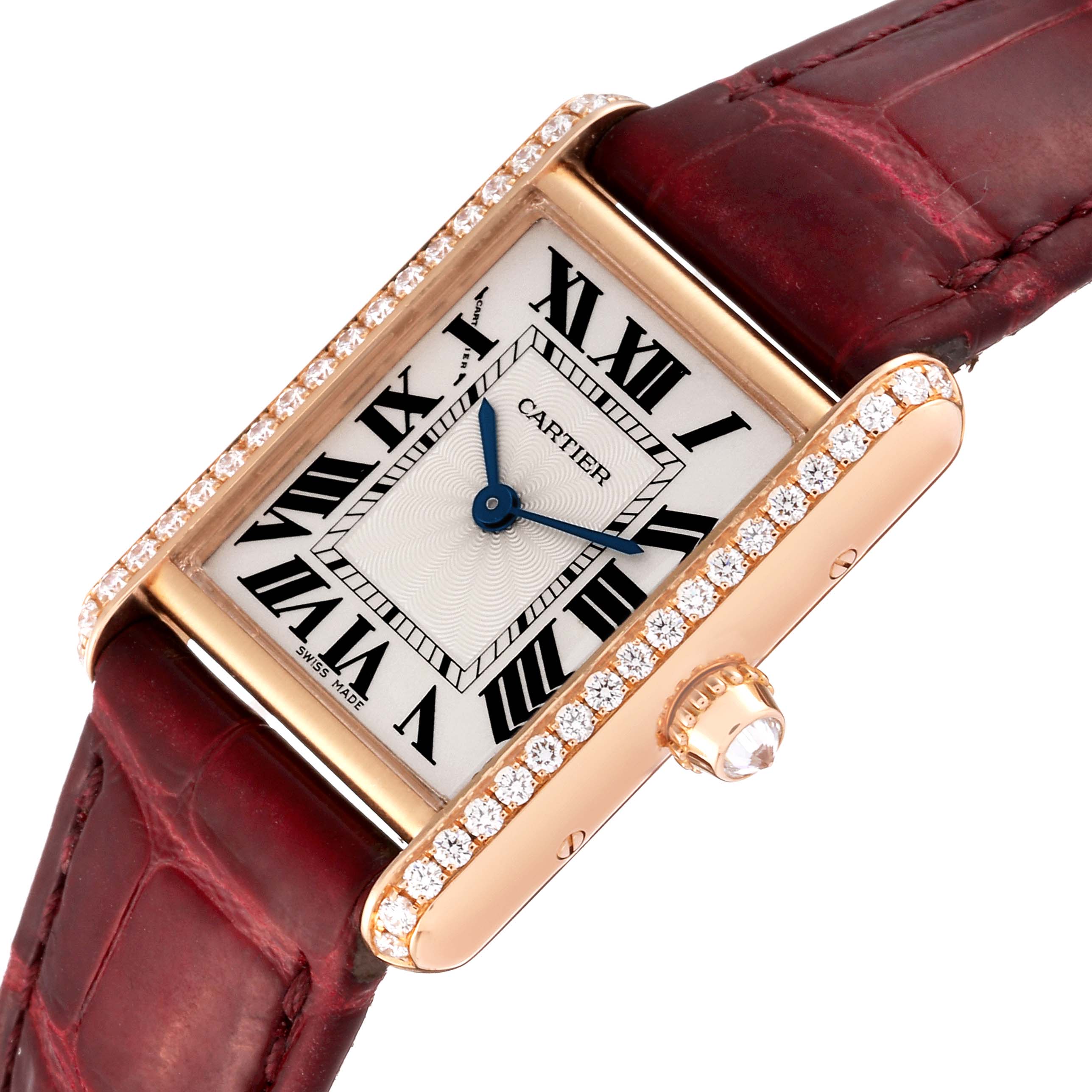 The image shows a close-up of a Cartier Tank Louis WJTA0010 Women's Rose Gold Silver Dial WJTA0010 Women's Rose Gold Silver Dial watch face, bezel with diamonds, and a maroon leather strap.