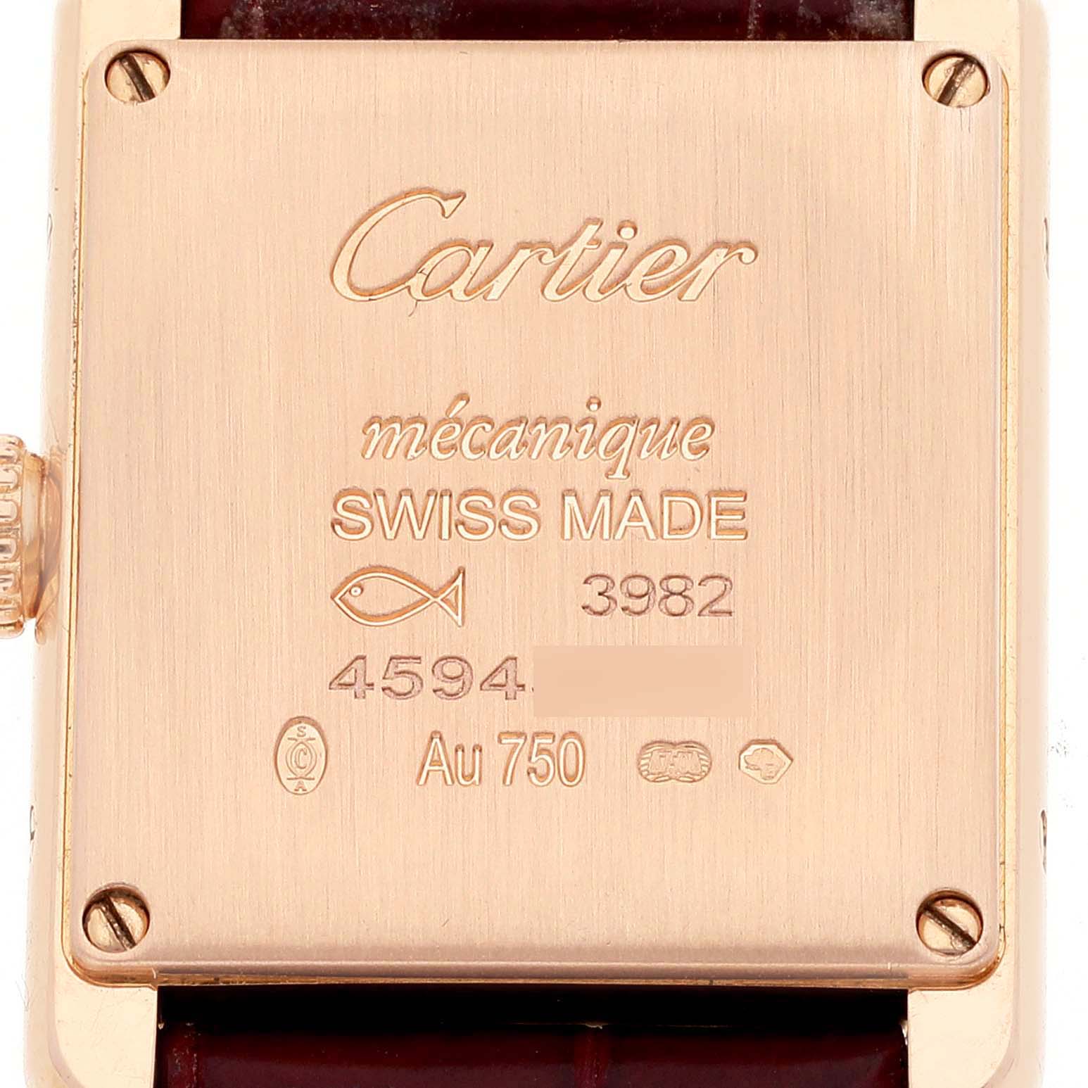 This image shows the back case of the Cartier Tank Louis WJTA0010 Women's Rose Gold Silver Dial WJTA0010 Women's Rose Gold Silver Dial watch, highlighting its engravings and leather strap attachments.